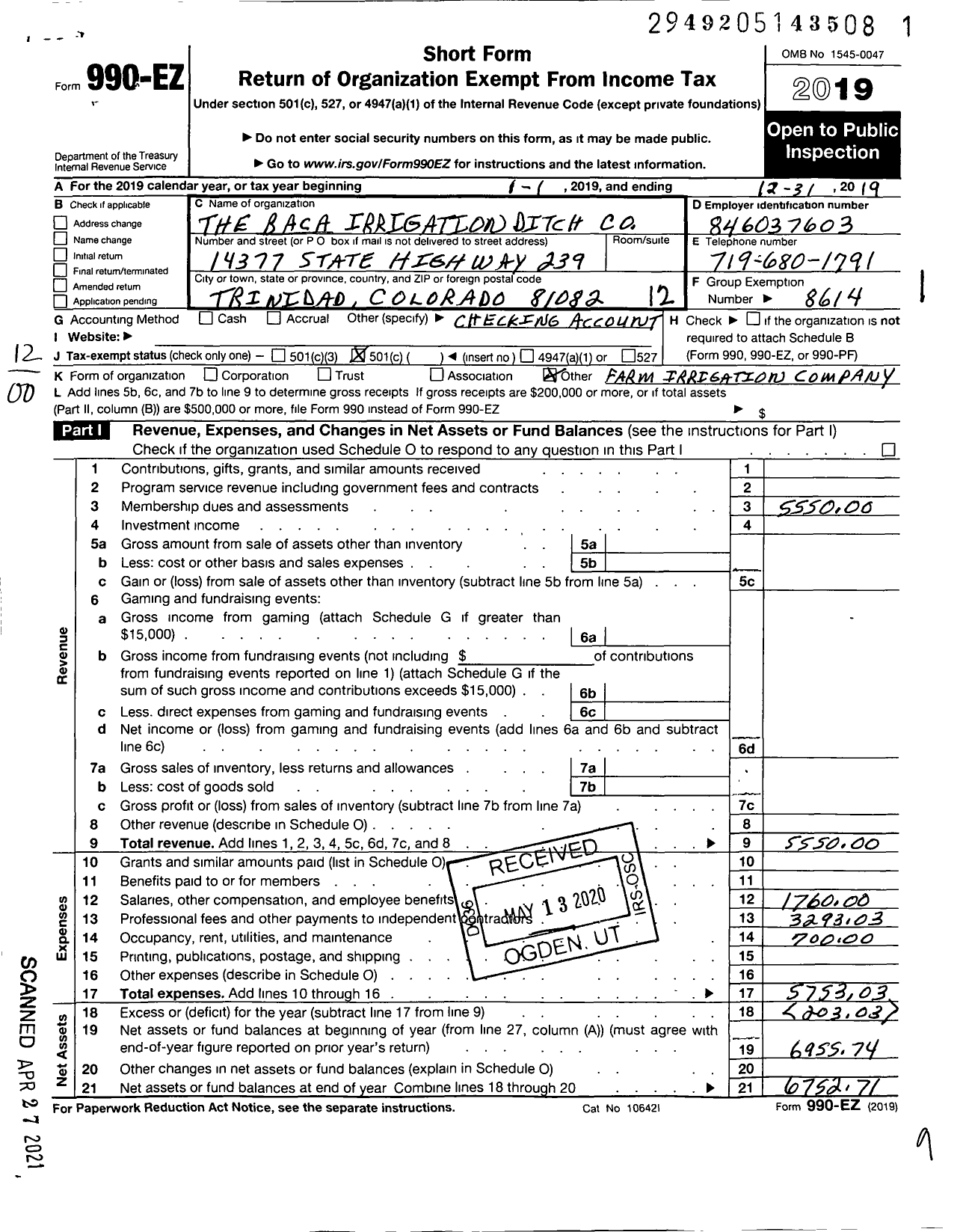 Image of first page of 2019 Form 990EO for Baca Irrigating Ditch Company