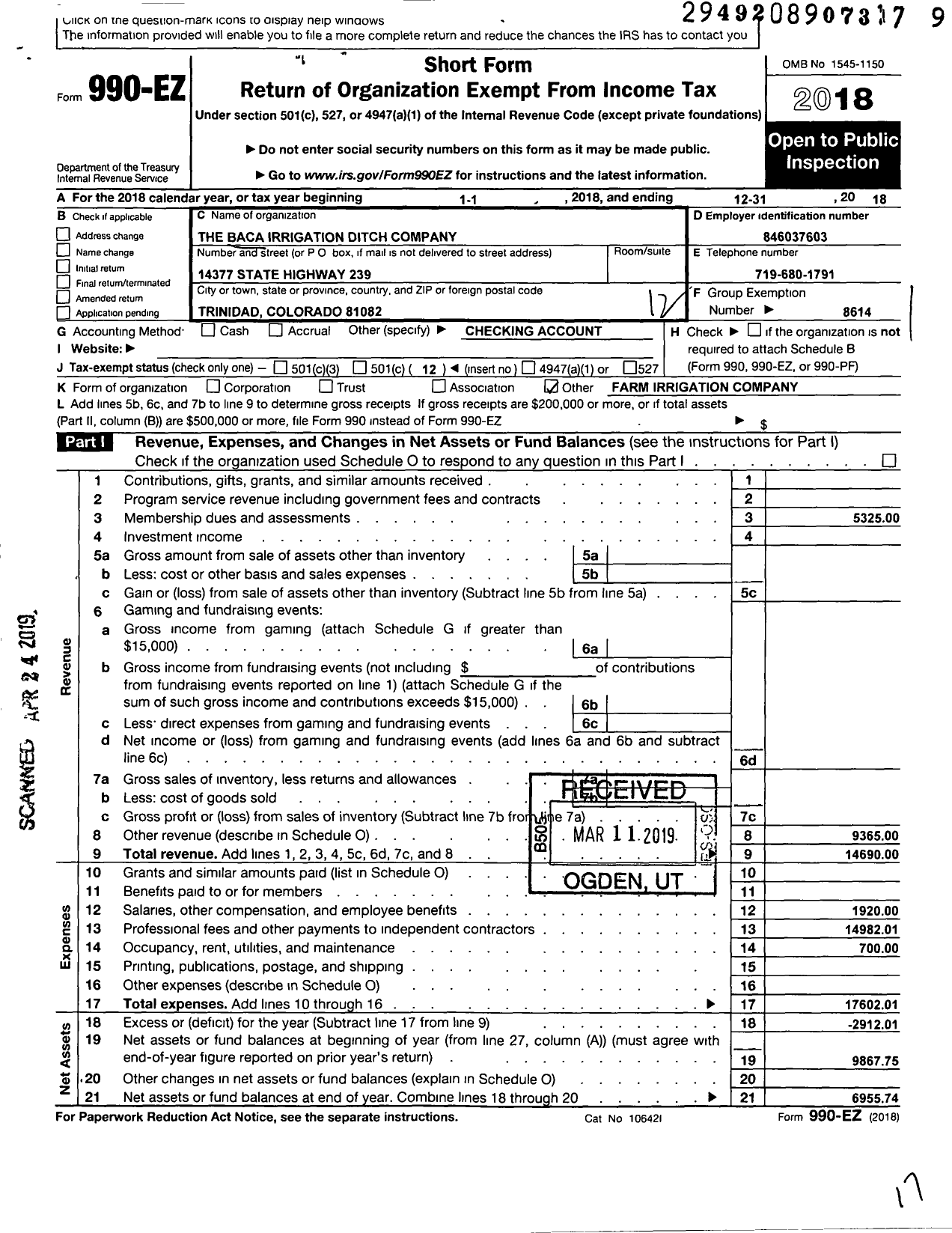 Image of first page of 2018 Form 990EO for Baca Irrigating Ditch Company