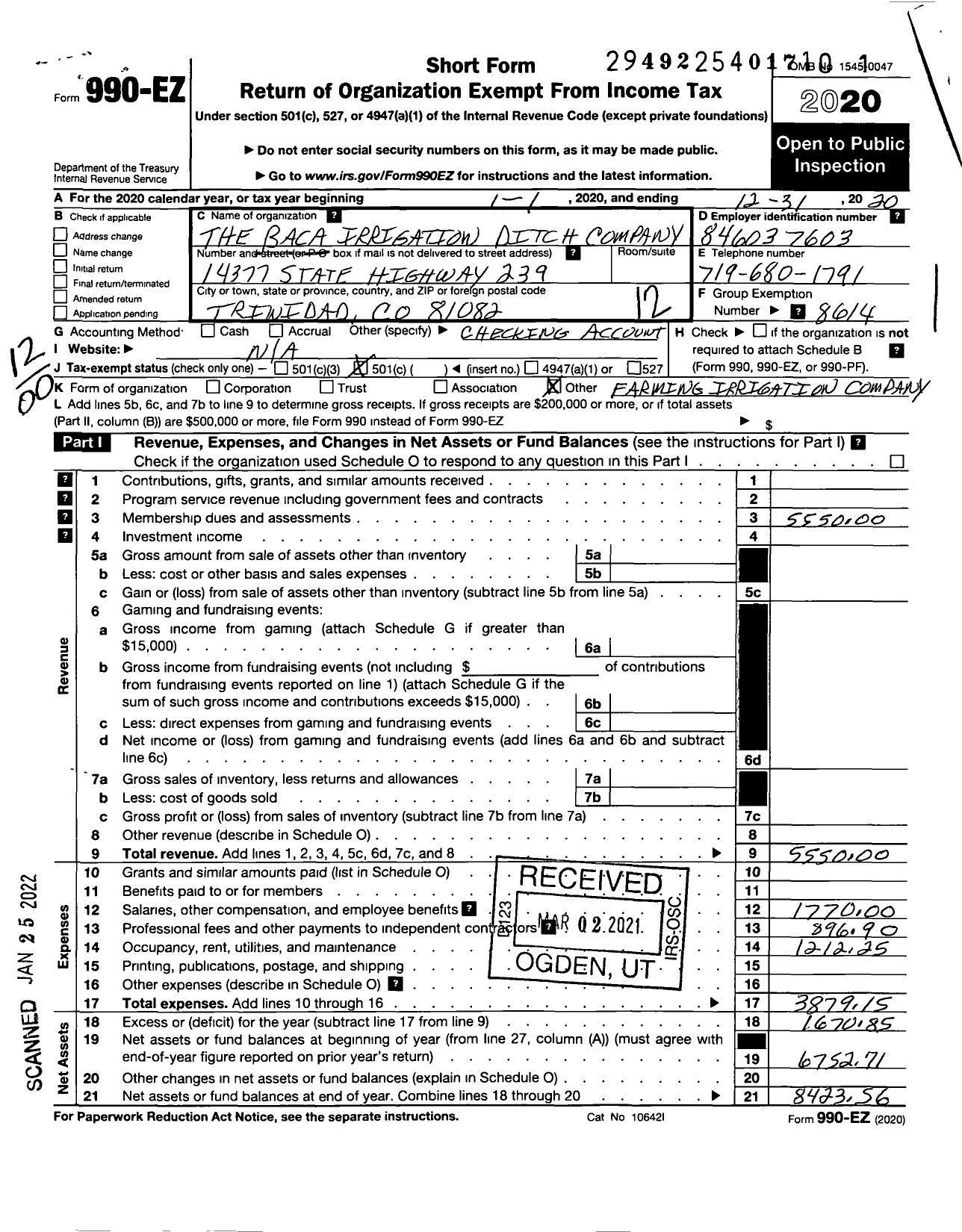 Image of first page of 2020 Form 990EO for Baca Irrigating Ditch Company