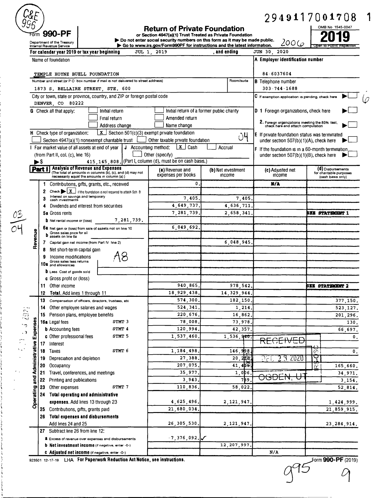 Image of first page of 2019 Form 990PF for Buell Foundation