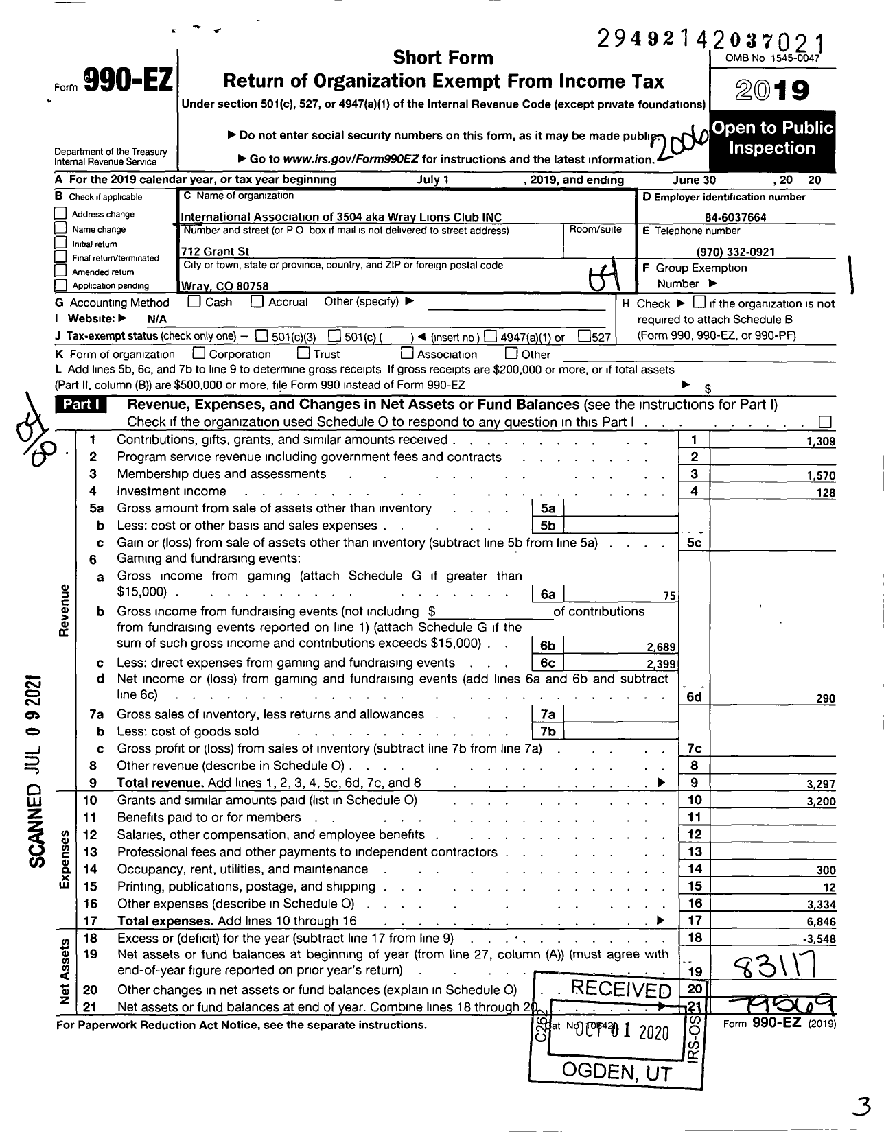Image of first page of 2019 Form 990EO for Wray Lions Club