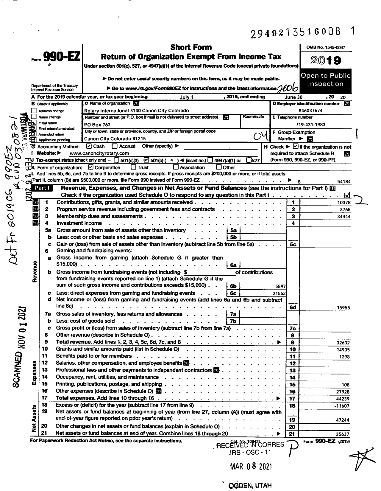 Image of first page of 2019 Form 990EO for Rotary International - 3130 Canon City