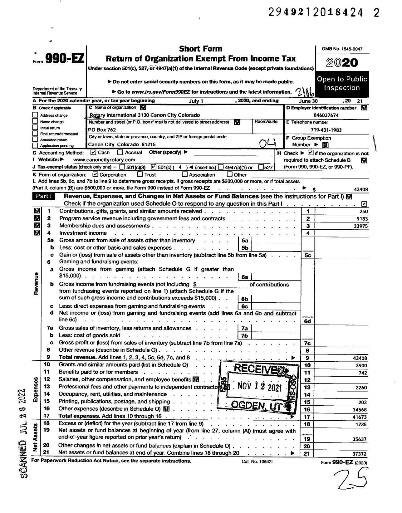 Image of first page of 2020 Form 990EO for Rotary International - 3130 Canon City