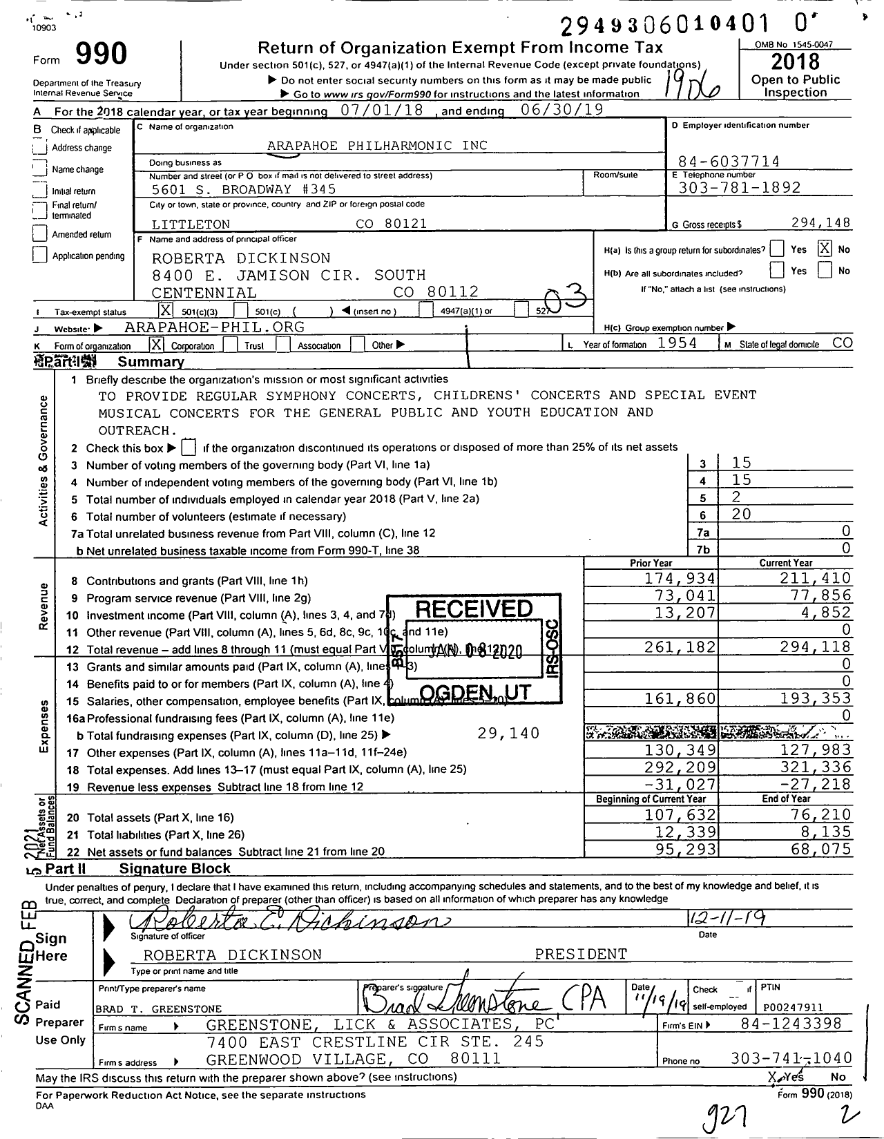 Image of first page of 2018 Form 990 for Arapahoe Philharmonic