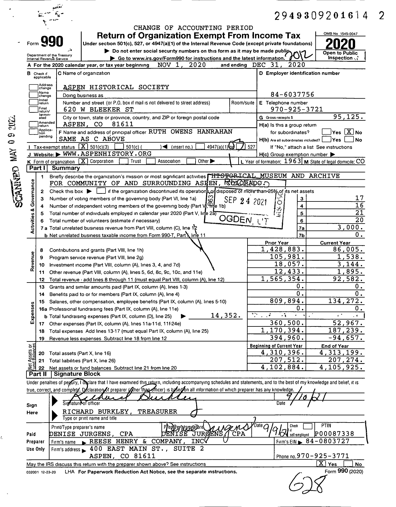 Image of first page of 2020 Form 990 for Aspen Historical Society (AHS)