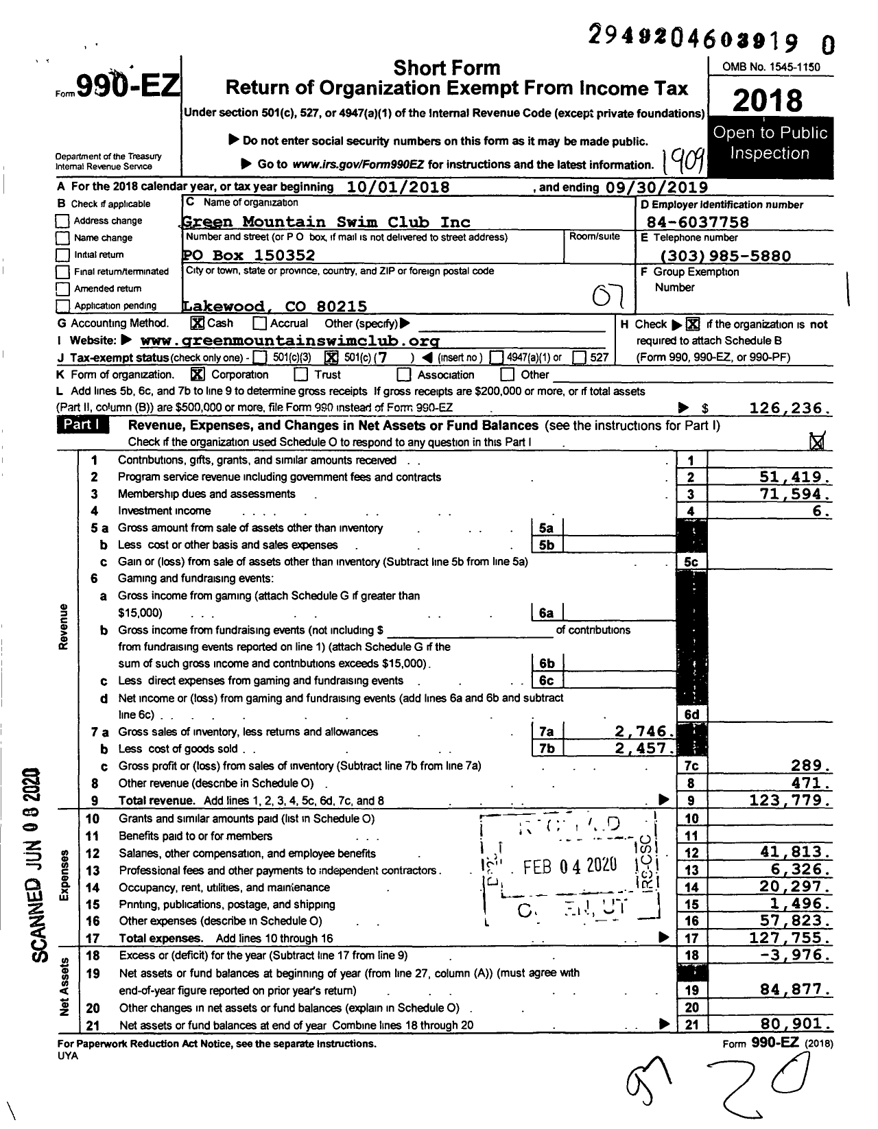 Image of first page of 2018 Form 990EO for Green Mountain Swim Club