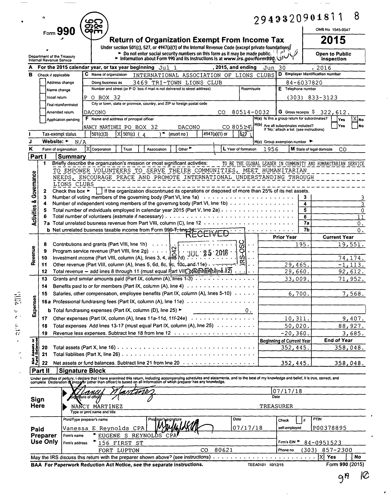 Image of first page of 2015 Form 990O for Lions Clubs - 3469 Tri-Town Lions Club