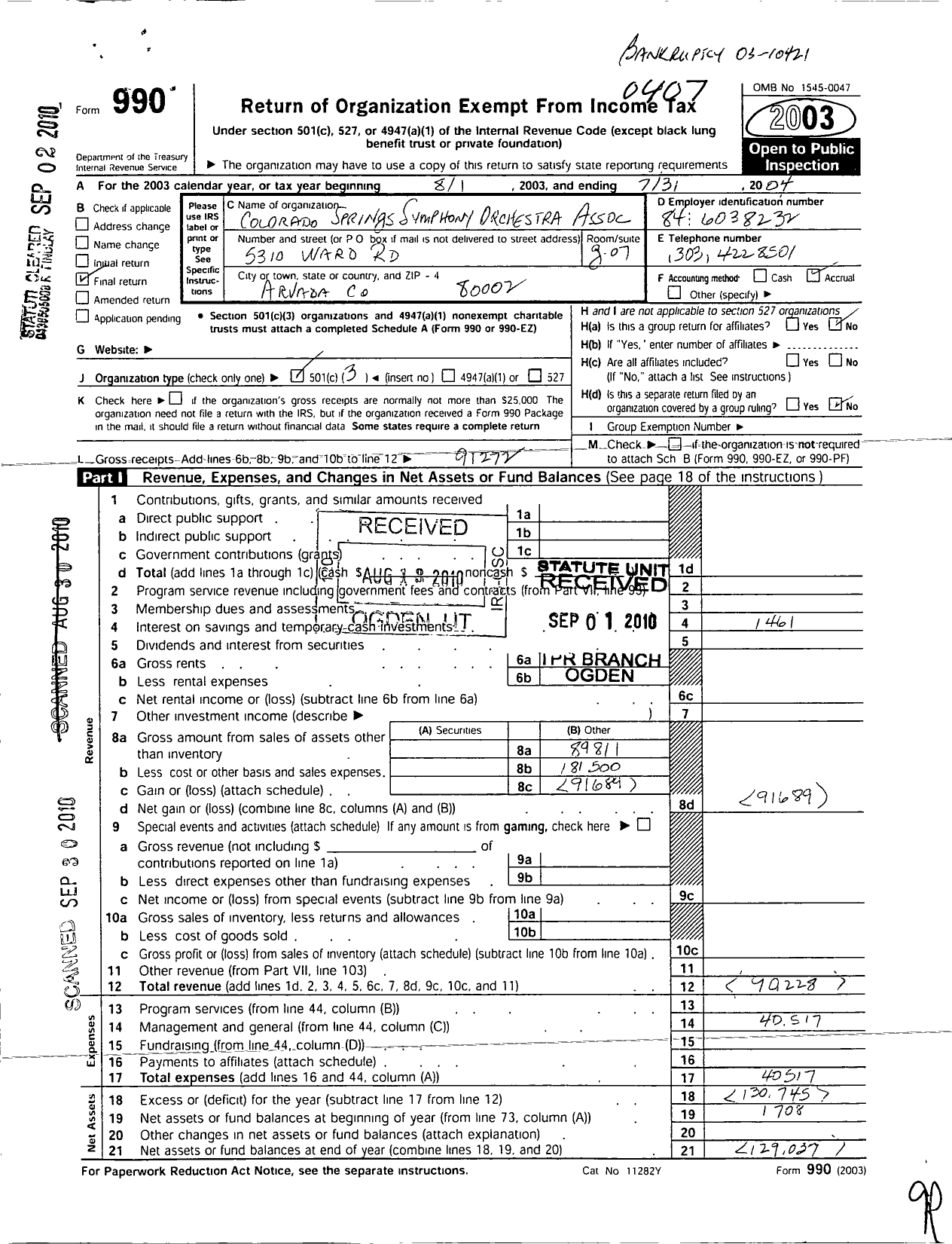 Image of first page of 2003 Form 990 for Colorado Springs Symphony Orchestra Association