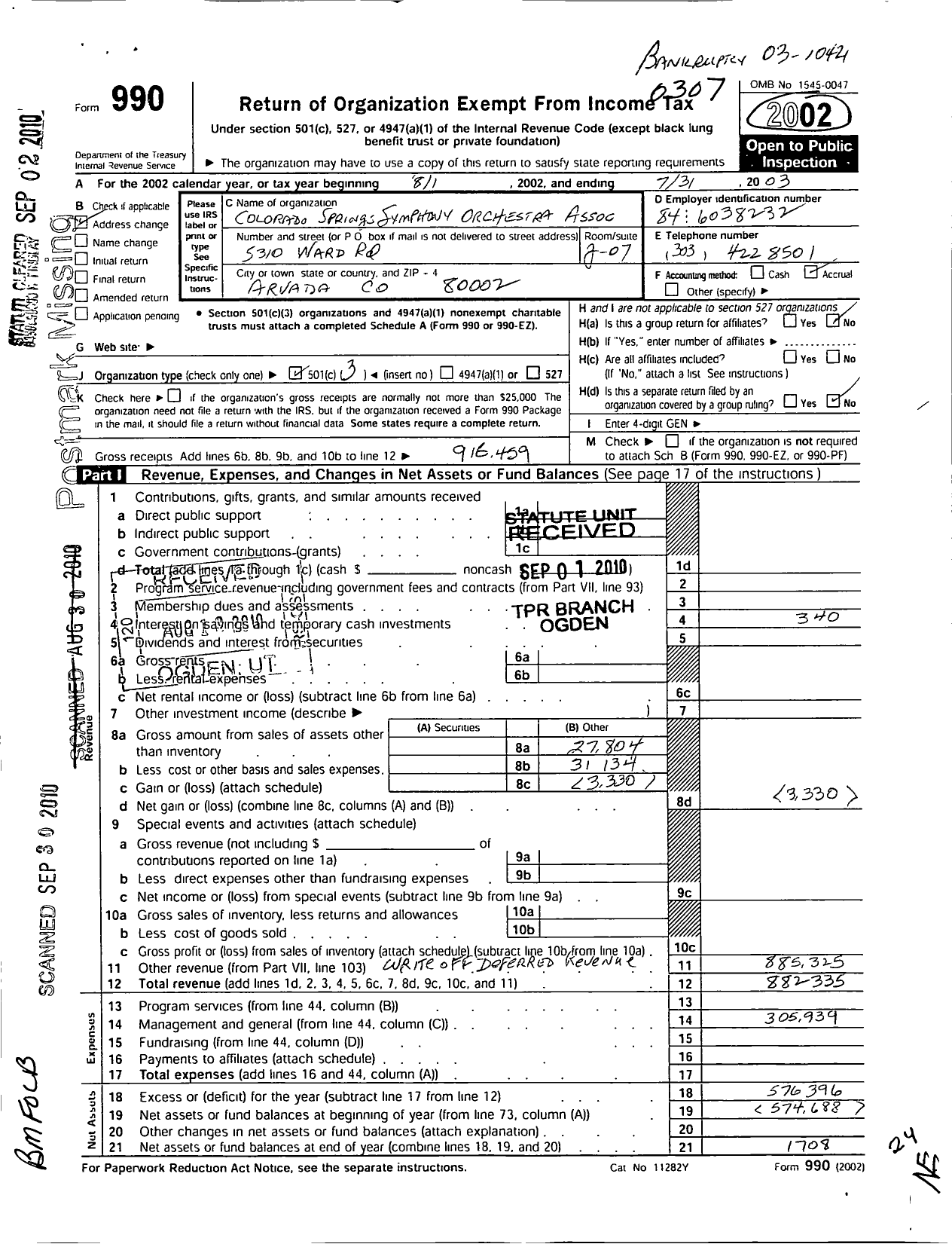 Image of first page of 2002 Form 990 for Colorado Springs Symphony Orchestra Association