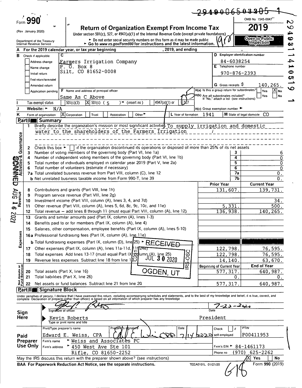 Image of first page of 2019 Form 990O for Farmer's Irrigation Company