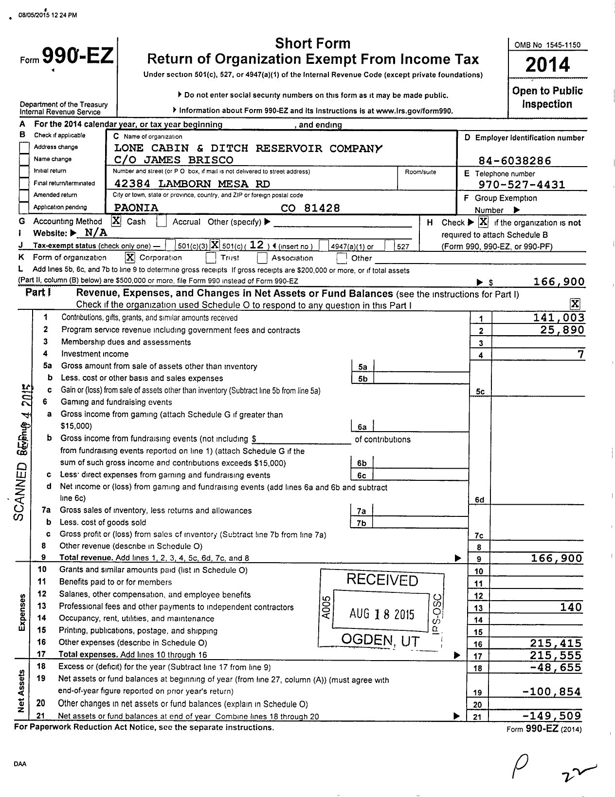 Image of first page of 2014 Form 990EO for Lone Cabin Ditch and Reservoir Company