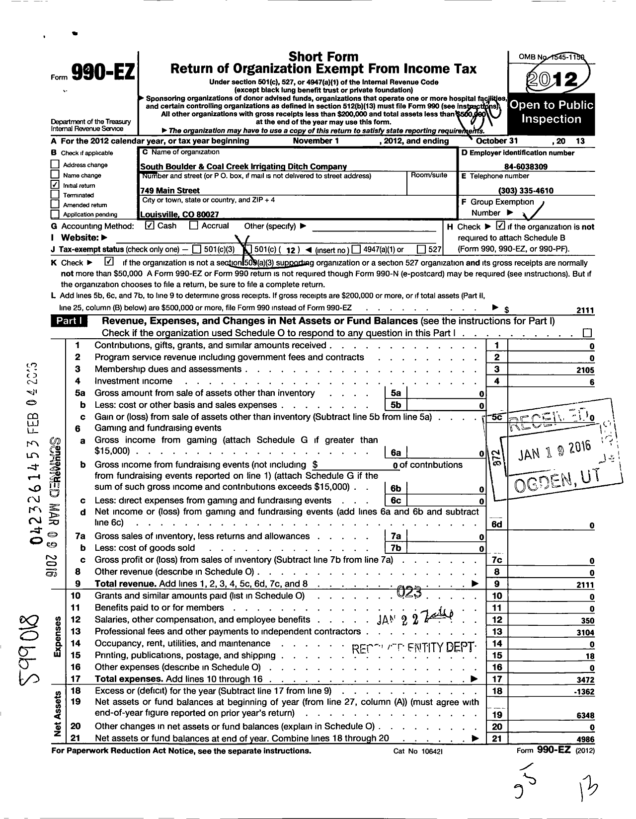 Image of first page of 2012 Form 990EO for South Boulder and Coal Creek Irrigating Ditch