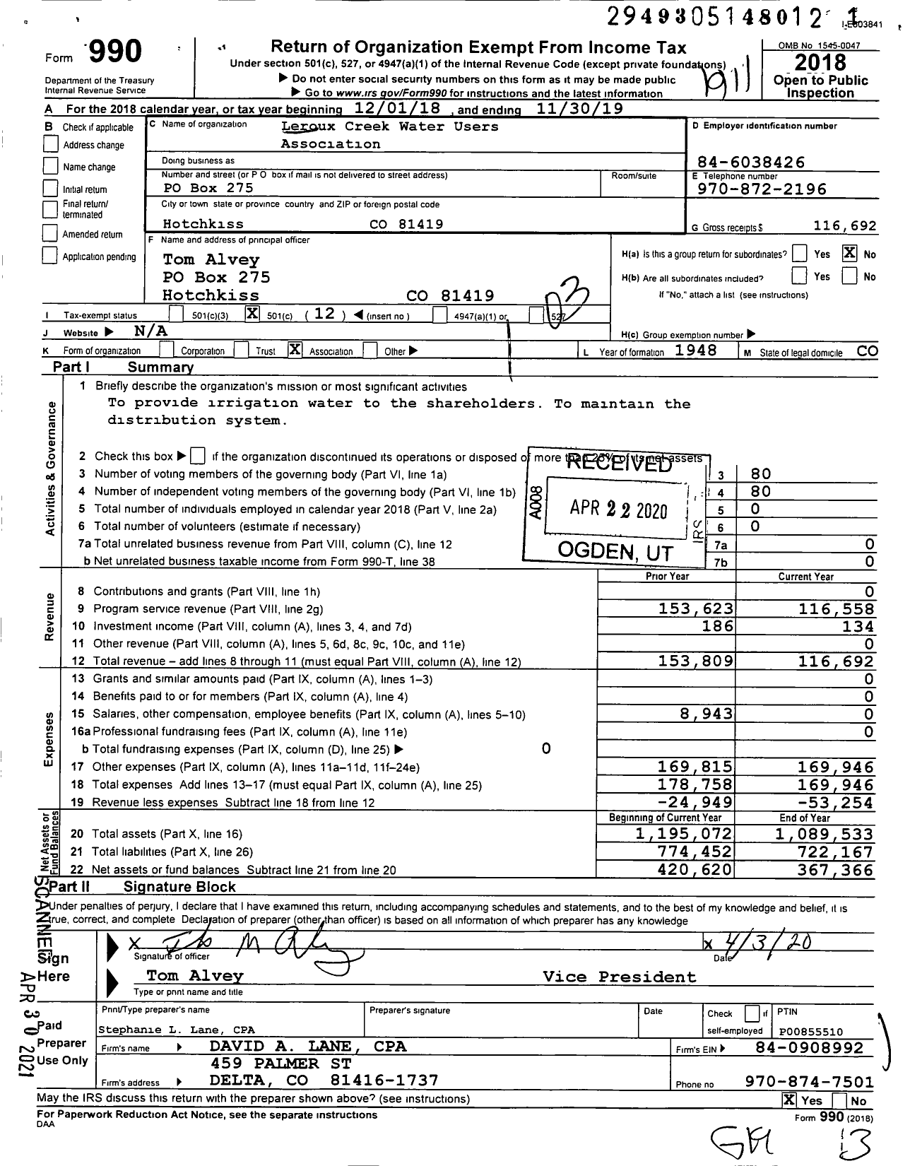 Image of first page of 2018 Form 990 for Leroux Creek Water Users Association