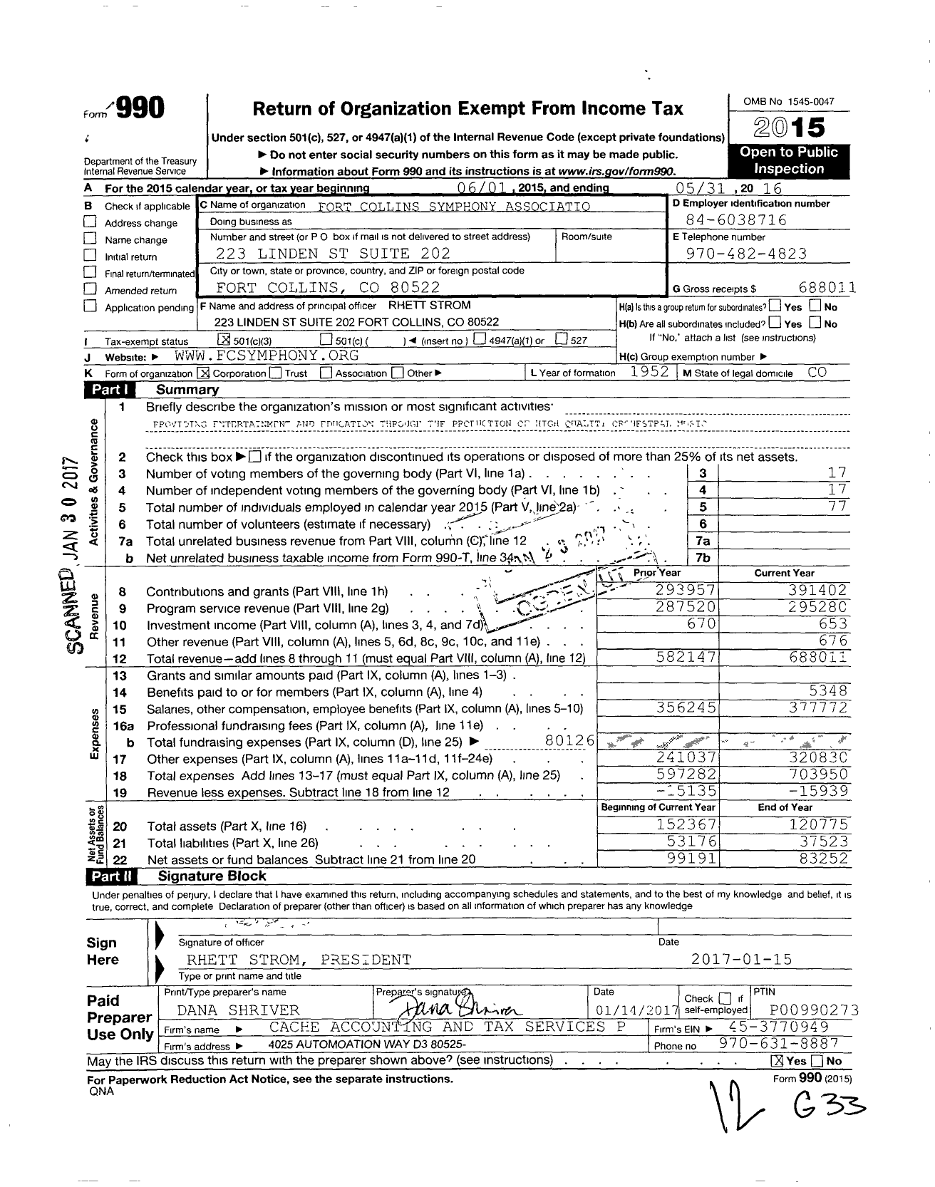 Image of first page of 2015 Form 990 for Fort Collins Symphony Association