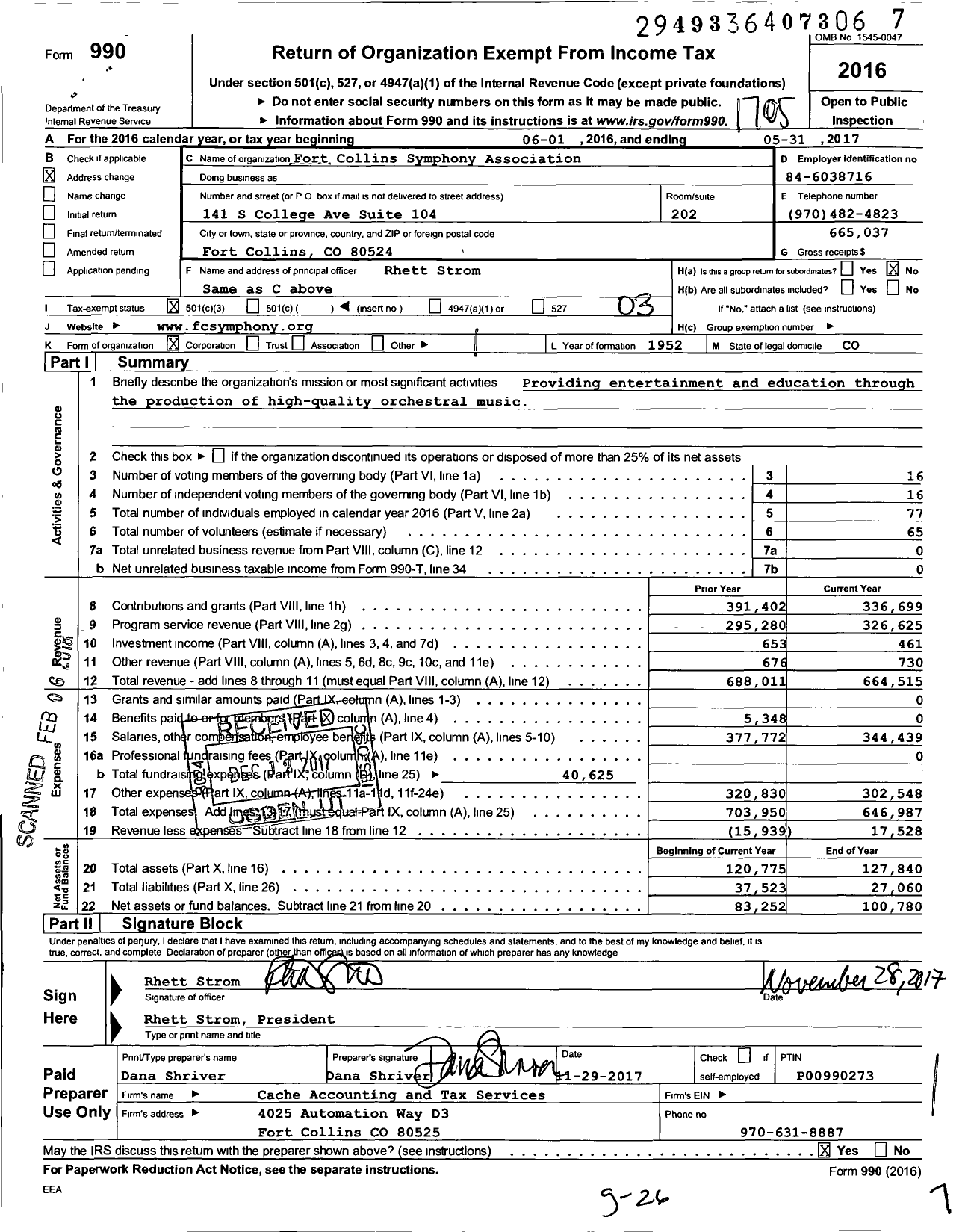 Image of first page of 2016 Form 990 for Fort Collins Symphony Association