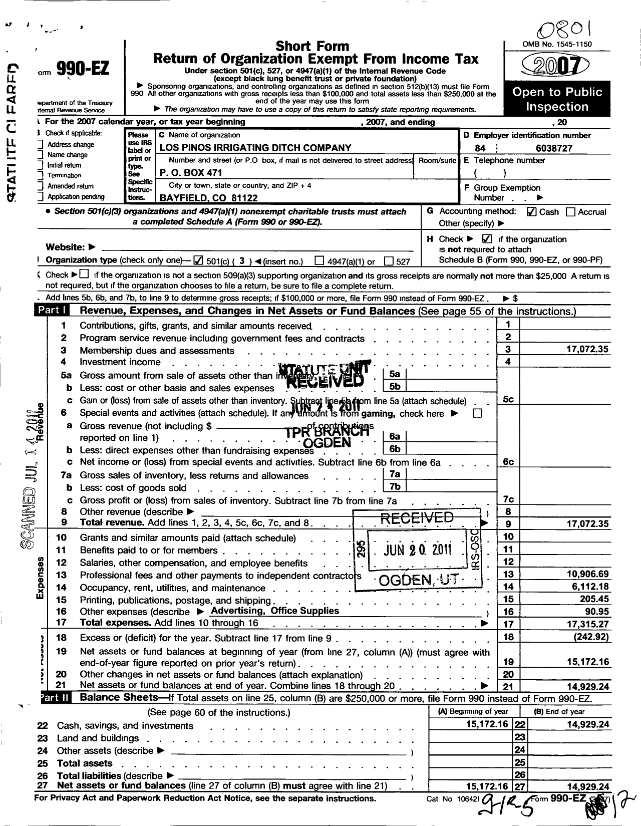 Image of first page of 2007 Form 990EZ for Los Pinos Irrigating Ditch