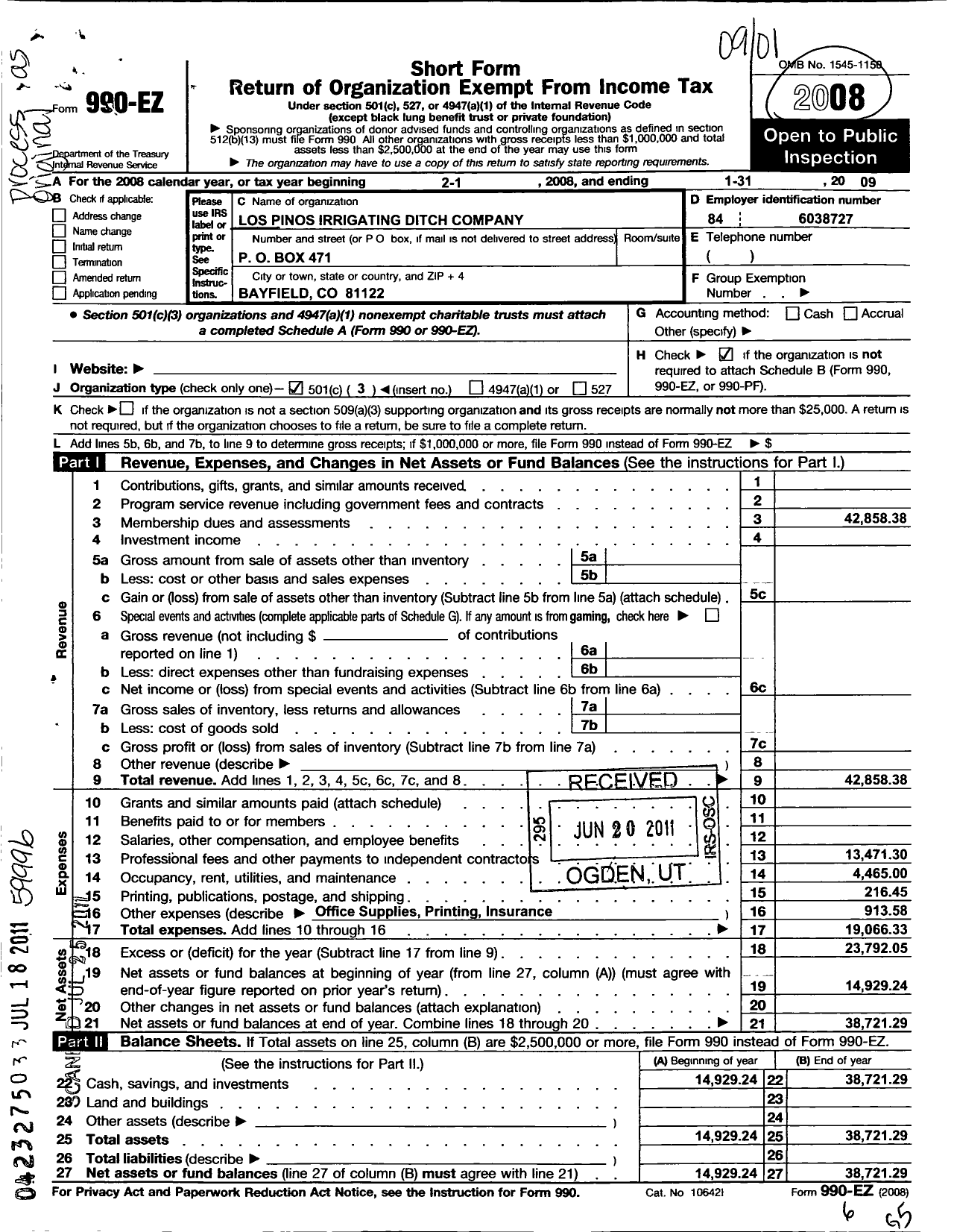 Image of first page of 2008 Form 990EZ for Los Pinos Irrigating Ditch