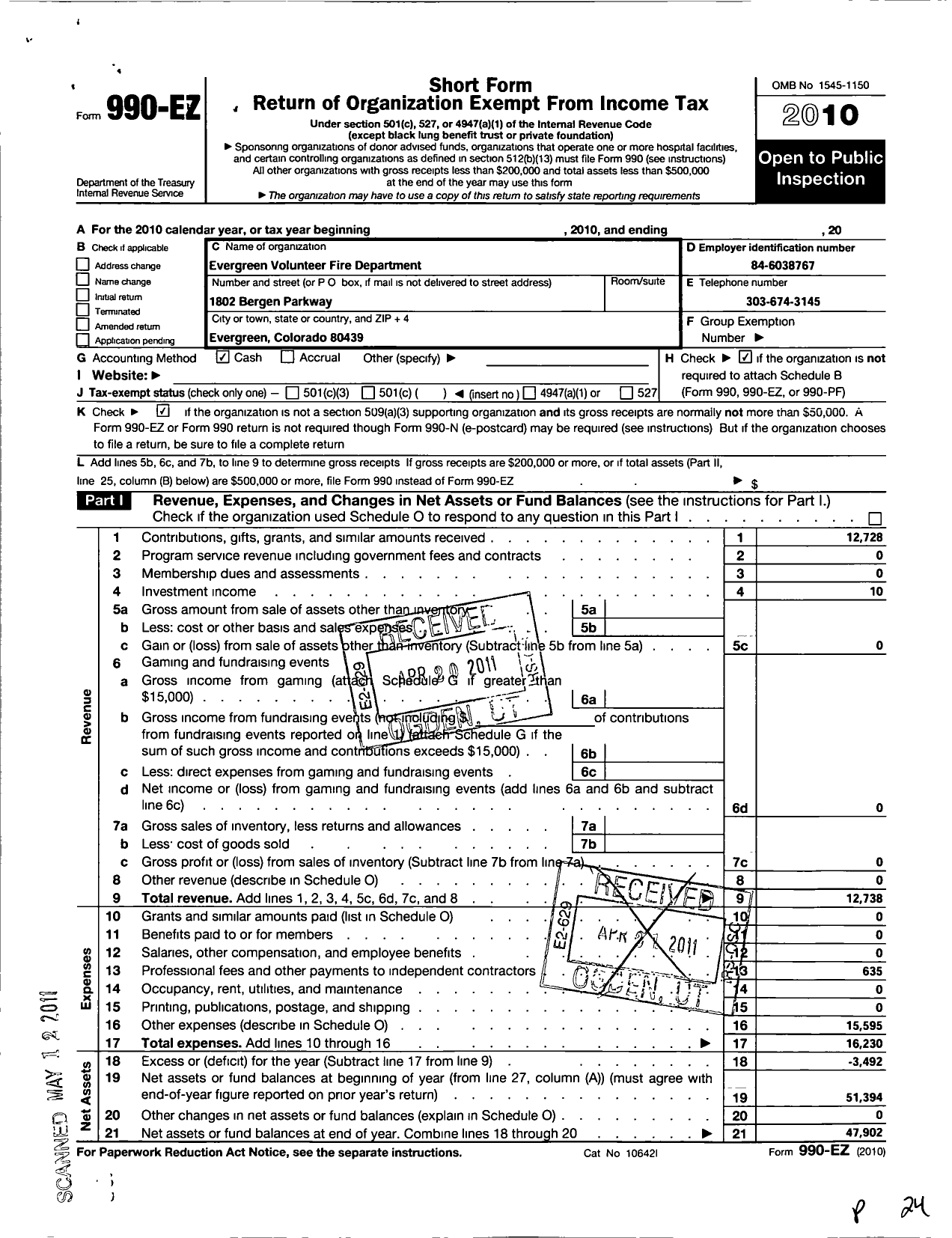 Image of first page of 2010 Form 990EO for Evergreen Volunteer Fire Department