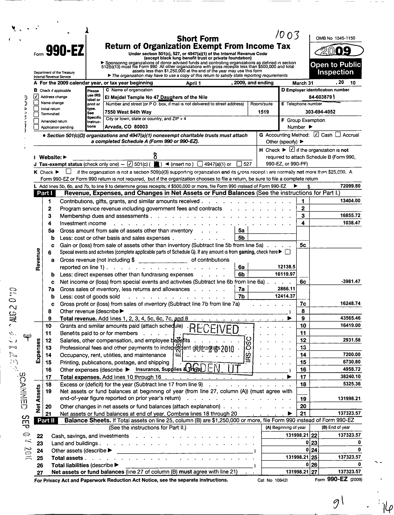 Image of first page of 2009 Form 990EO for Daughters of the Nile - 47 El Mejdel