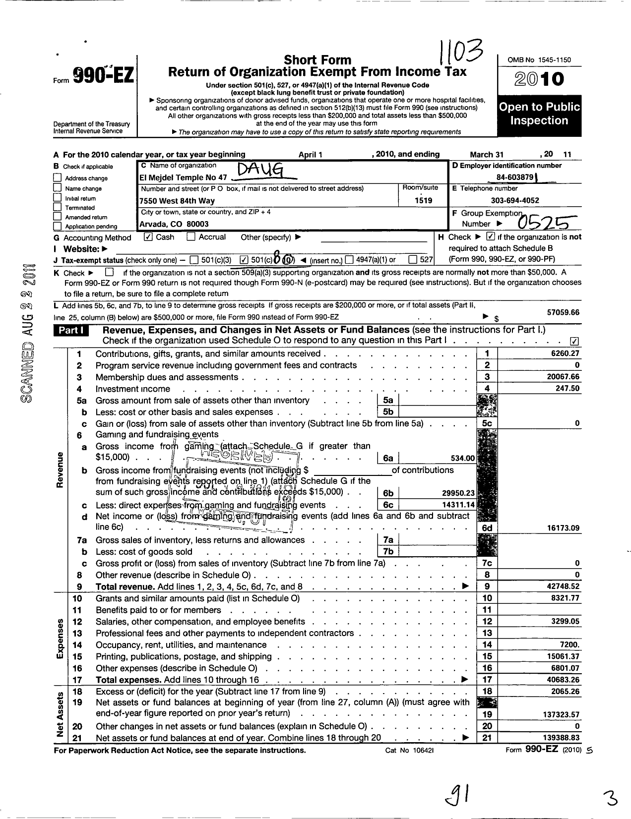 Image of first page of 2010 Form 990EO for Daughters of the Nile - 47 El Mejdel