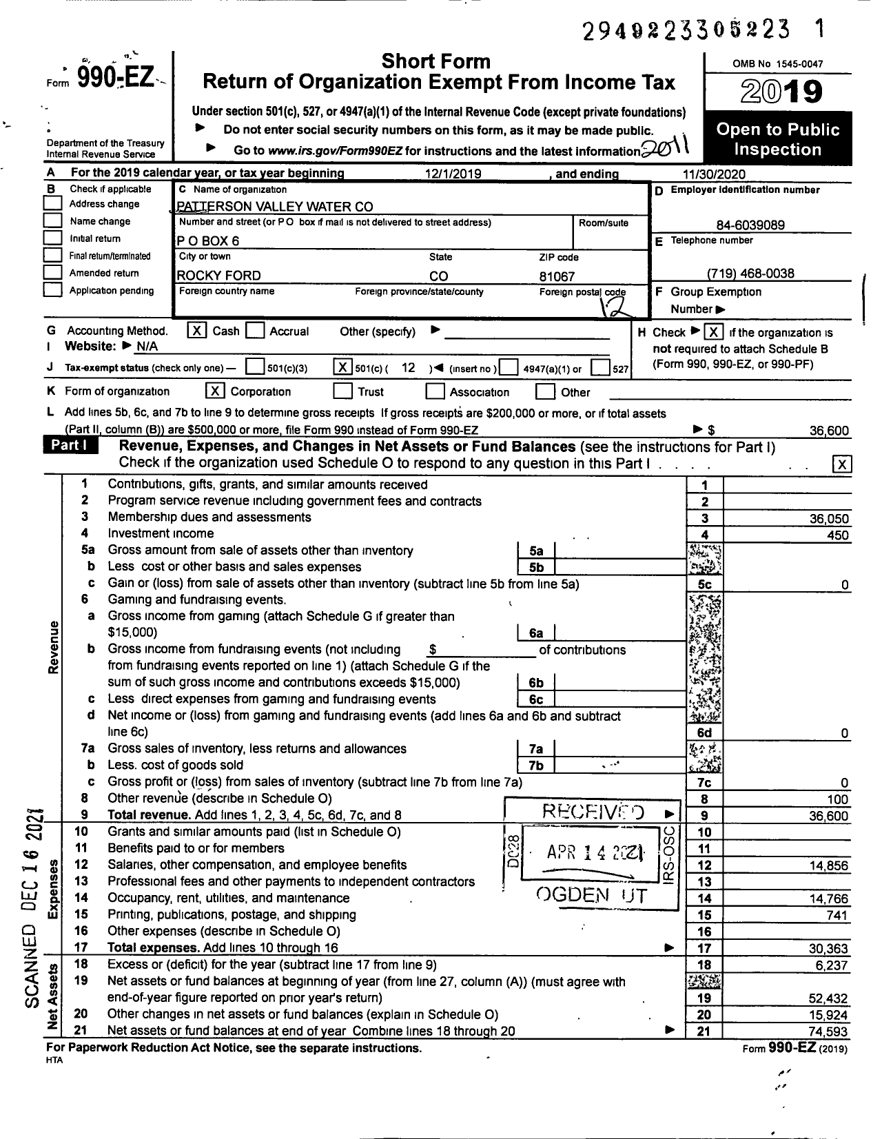 Image of first page of 2019 Form 990EO for Patterson Valley Water