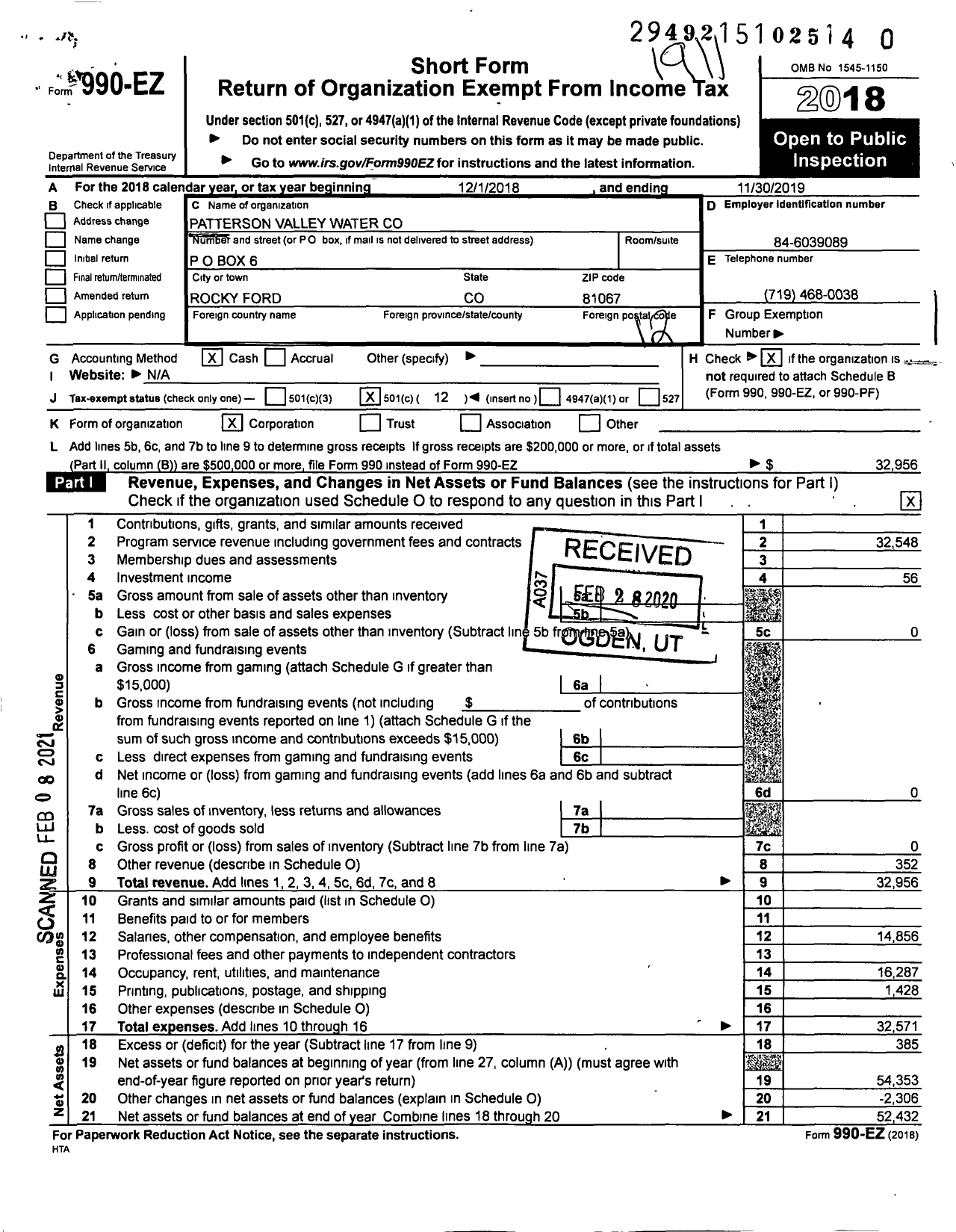 Image of first page of 2018 Form 990EO for Patterson Valley Water