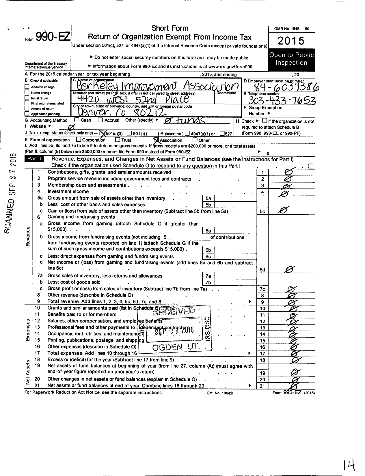 Image of first page of 2015 Form 990EZ for Berkeley Improvement Association