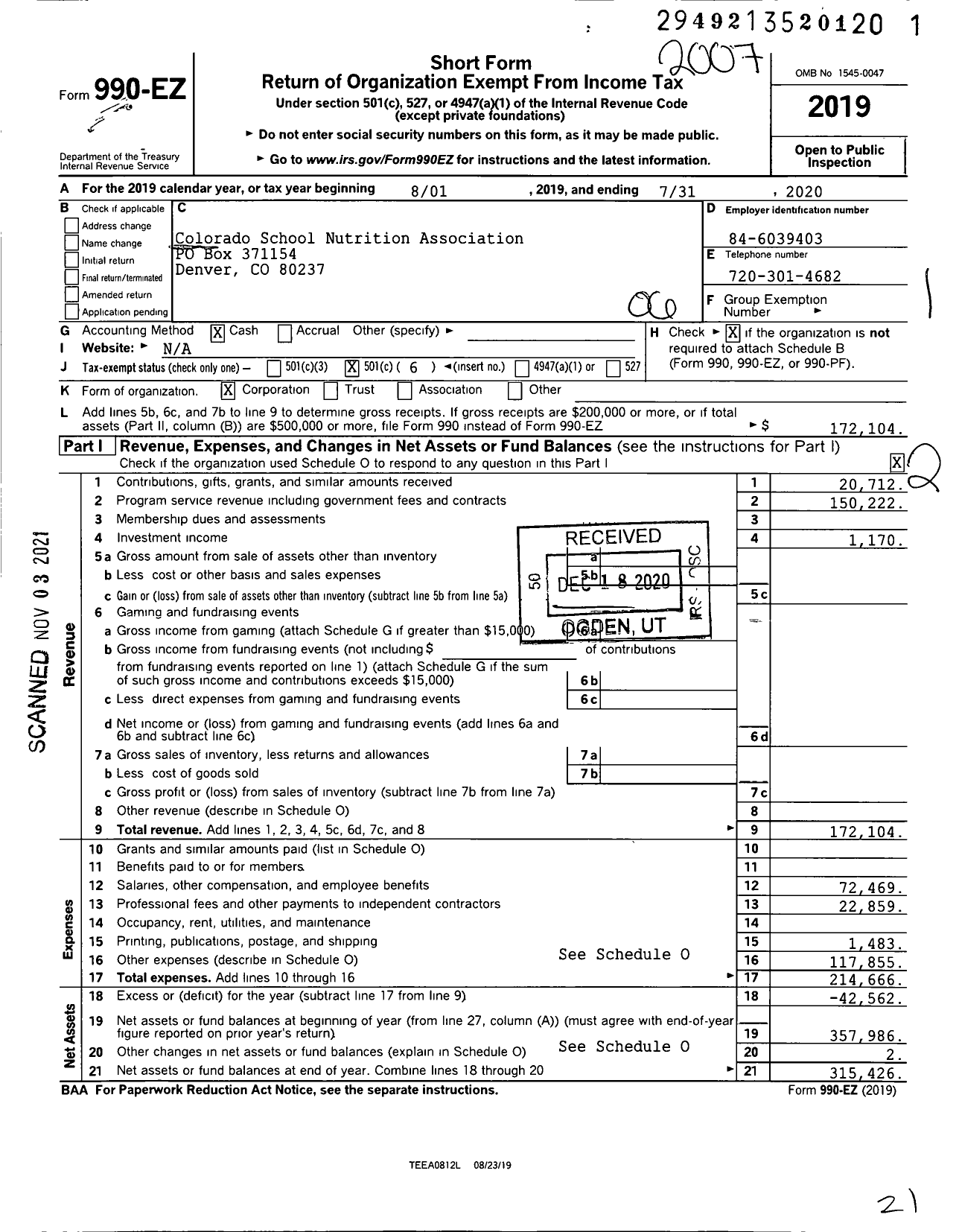 Image of first page of 2019 Form 990EO for Colorado School Nutrition Association