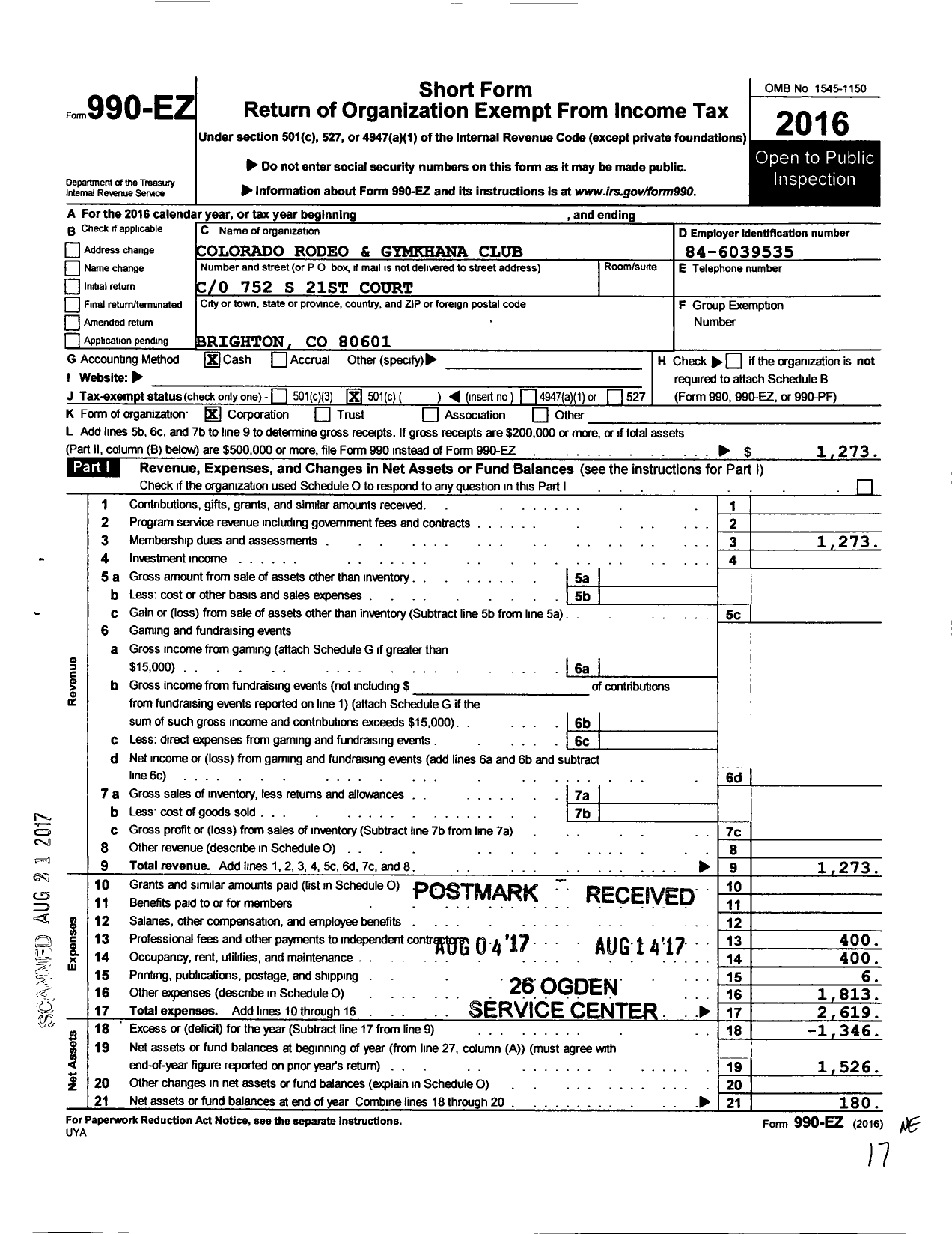 Image of first page of 2016 Form 990EO for Colorado Rodeo and Gymkhana Club