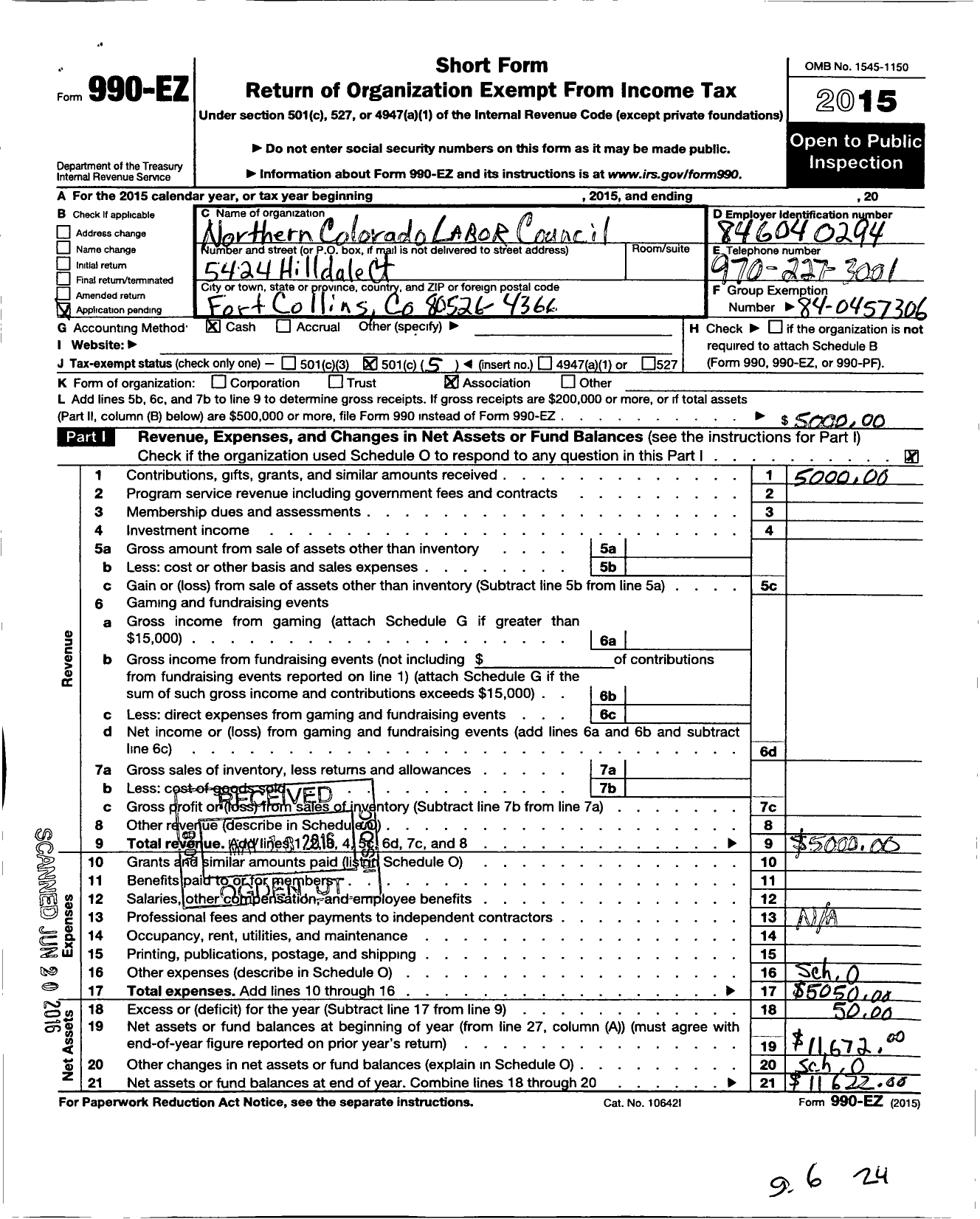 Image of first page of 2015 Form 990EO for Northern Colorado Labor Council