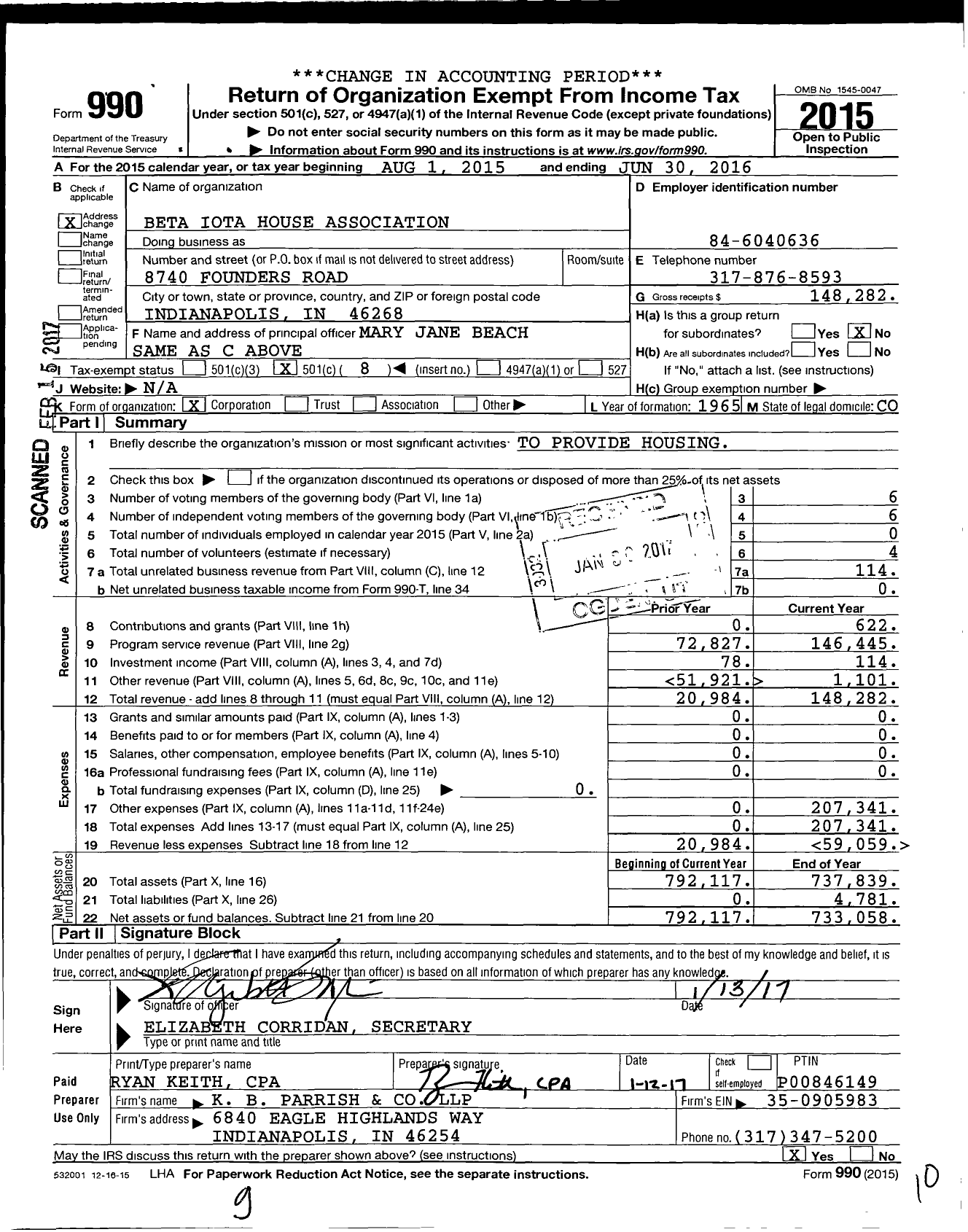 Image of first page of 2015 Form 990O for Beta Iota House Association