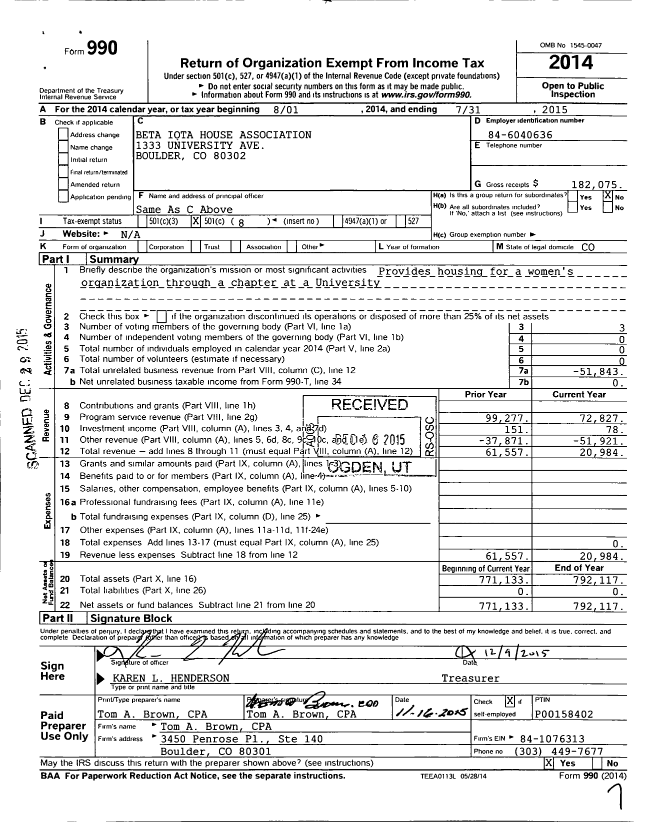 Image of first page of 2014 Form 990O for Beta Iota House Association