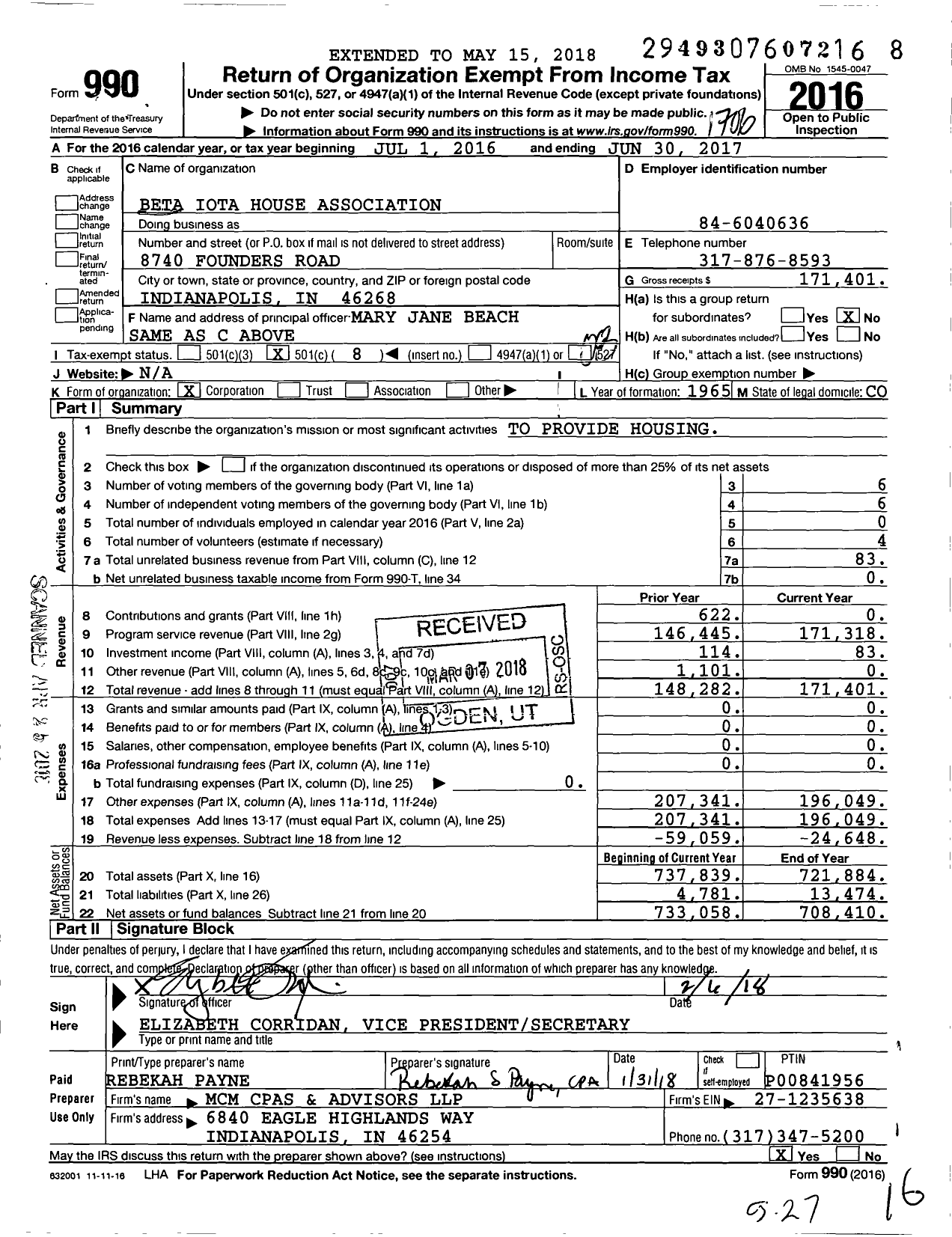 Image of first page of 2016 Form 990O for Beta Iota House Association