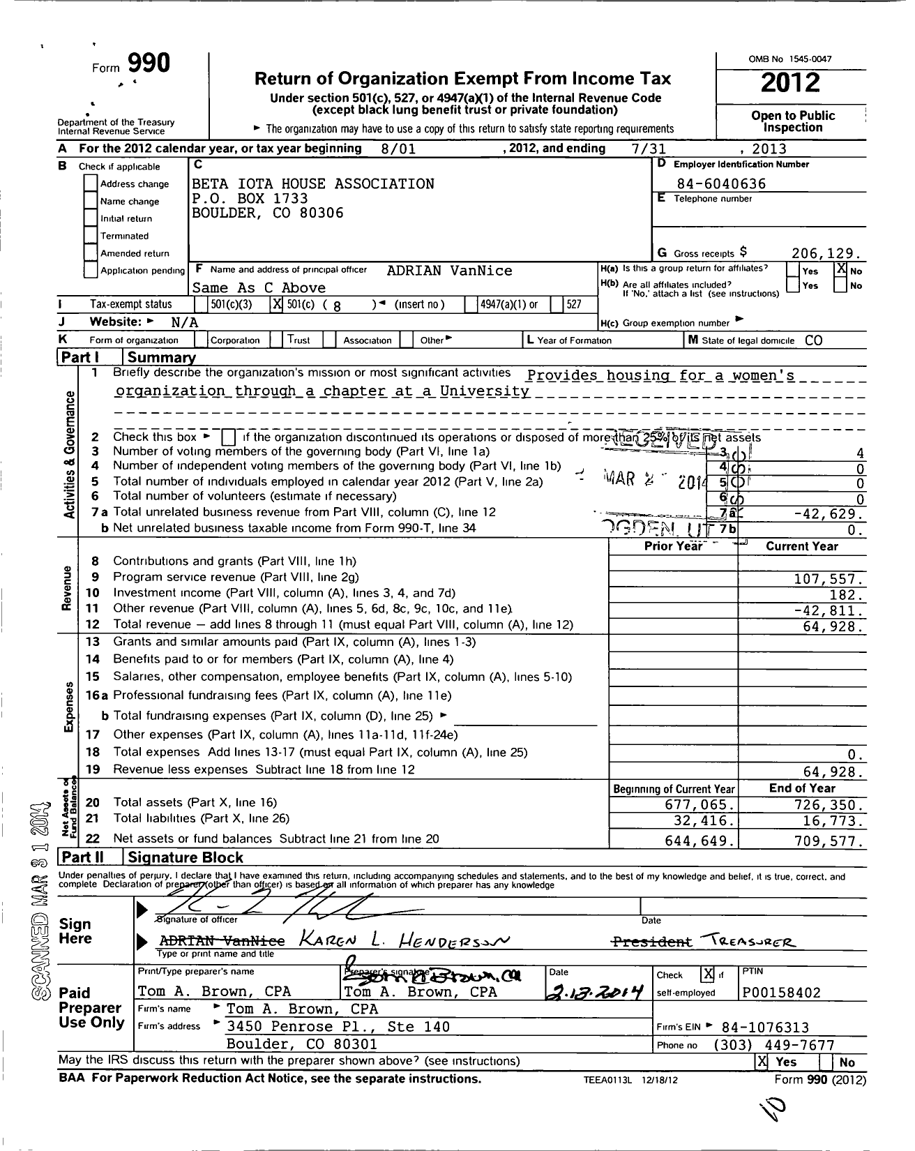 Image of first page of 2012 Form 990O for Beta Iota House Association