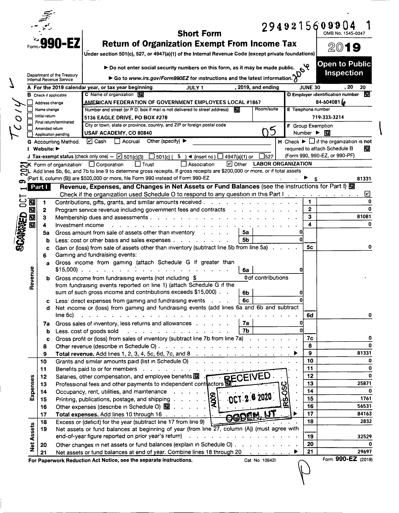 Image of first page of 2019 Form 990EO for American Federation of Government Employees - 1867 Local Afge