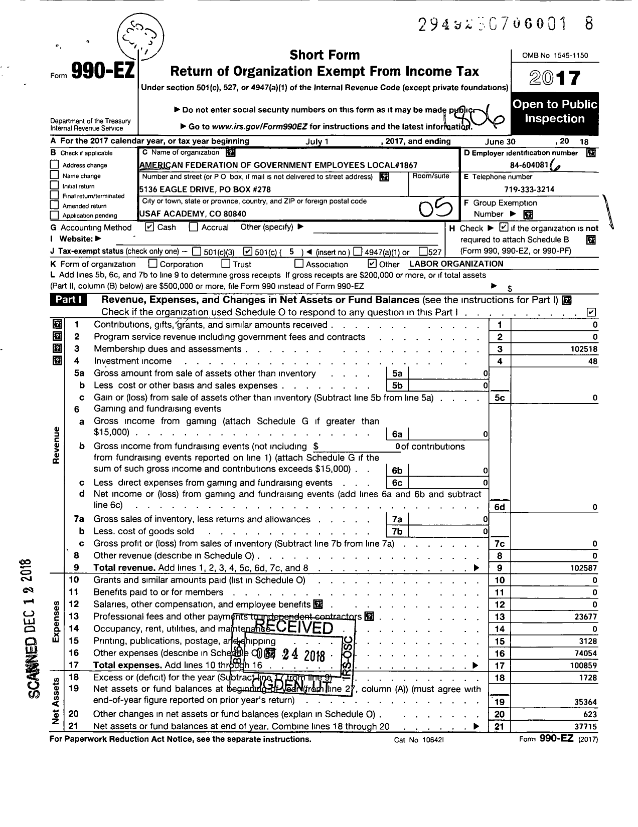 Image of first page of 2017 Form 990EO for American Federation of Government Employees - 1867 Local Afge