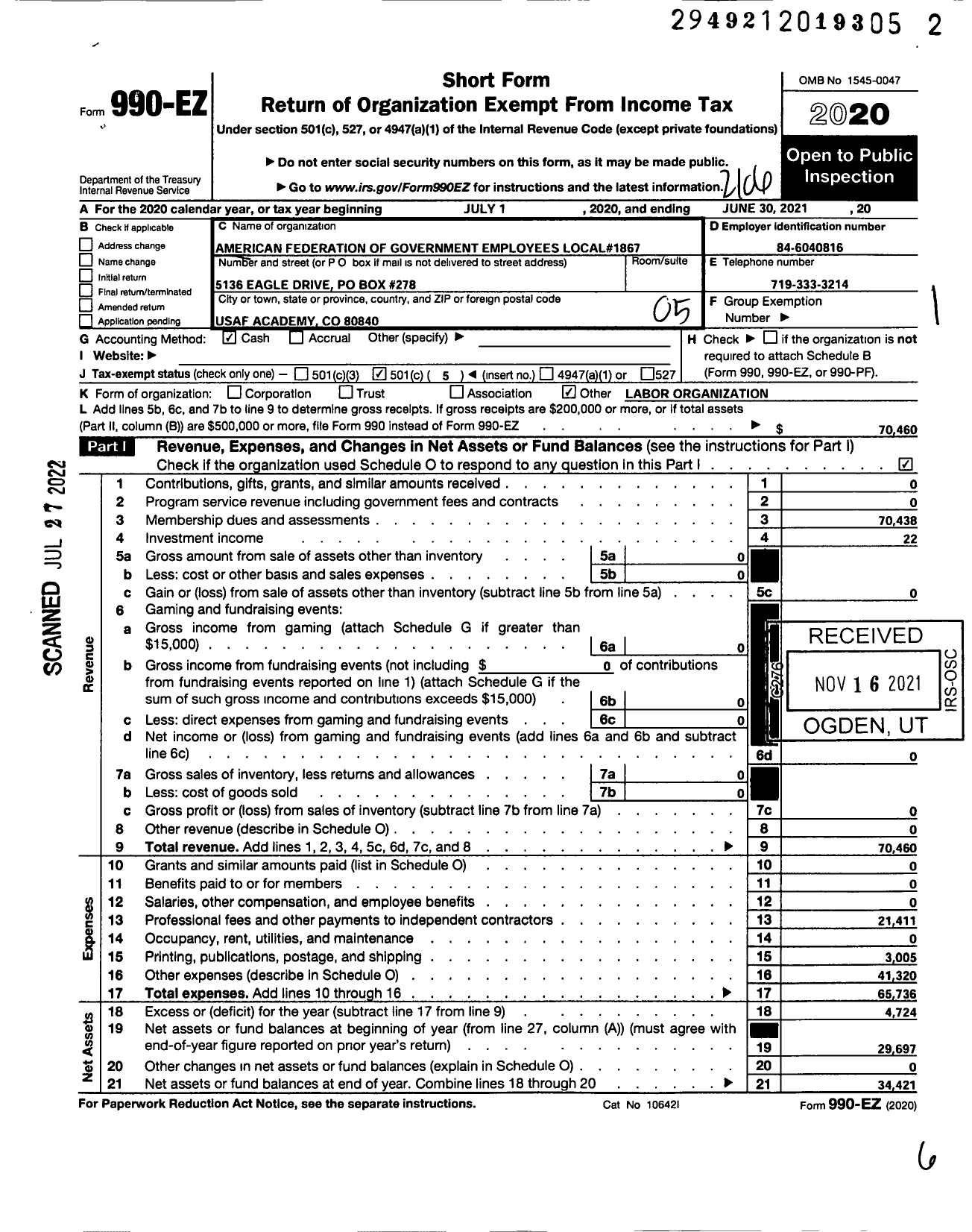 Image of first page of 2020 Form 990EO for American Federation of Government Employees - 1867 Local Afge