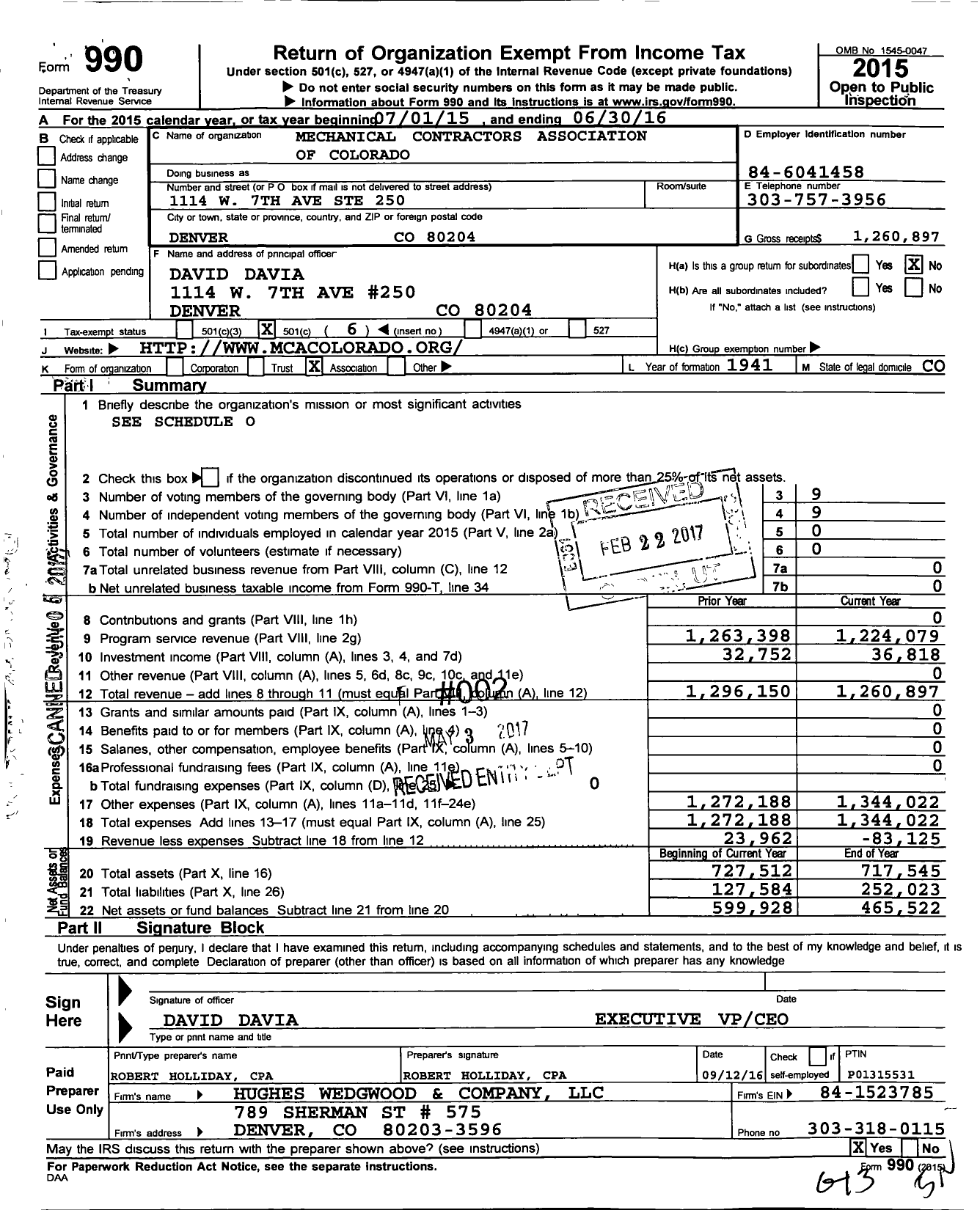 Image of first page of 2015 Form 990O for Mechanical Contractors Association of Colorado (CAMPC)