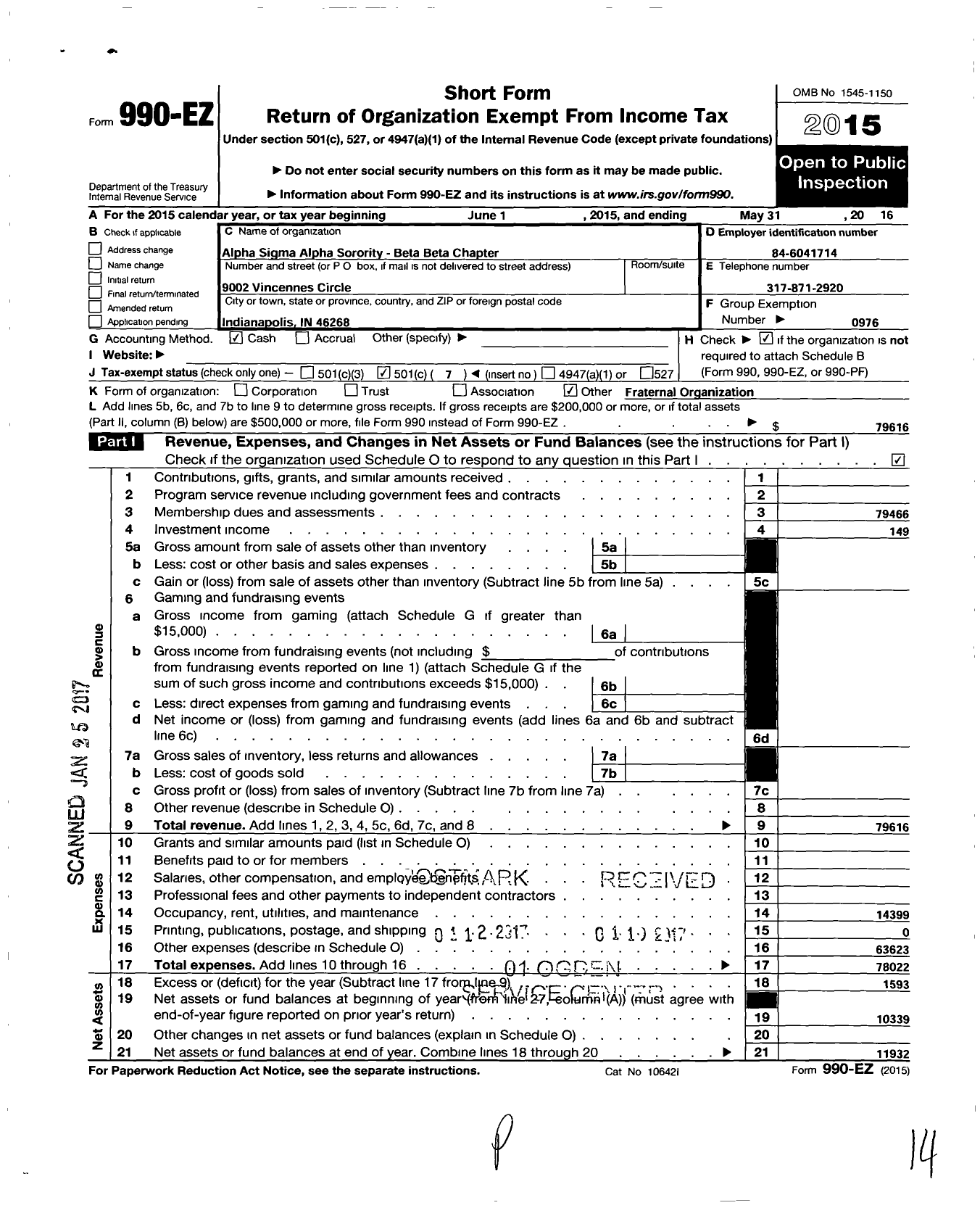 Image of first page of 2015 Form 990EO for ALPHA SIGMA ALPHA SORORITY Beta Beta Chapter