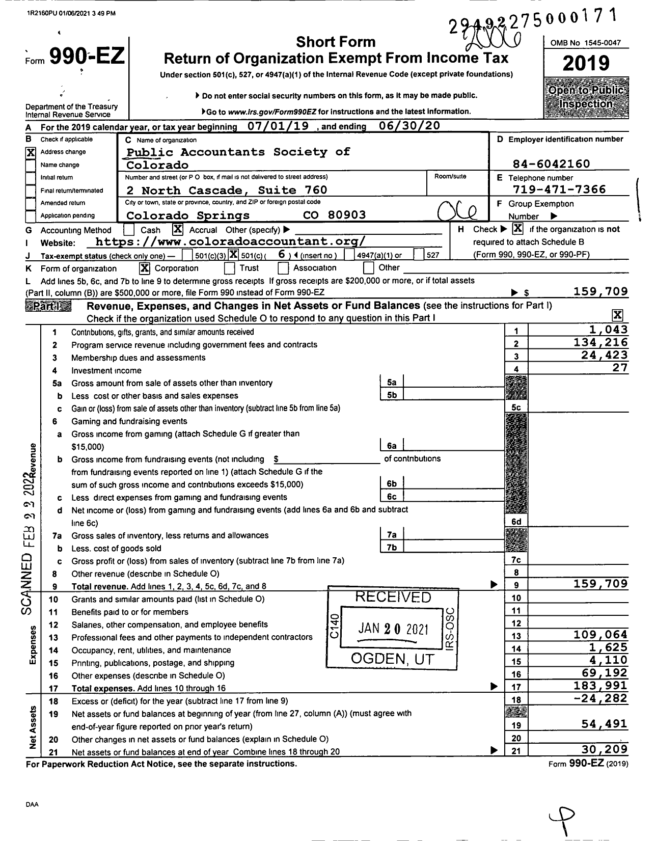 Image of first page of 2019 Form 990EO for Public Accountants Society of Colorado