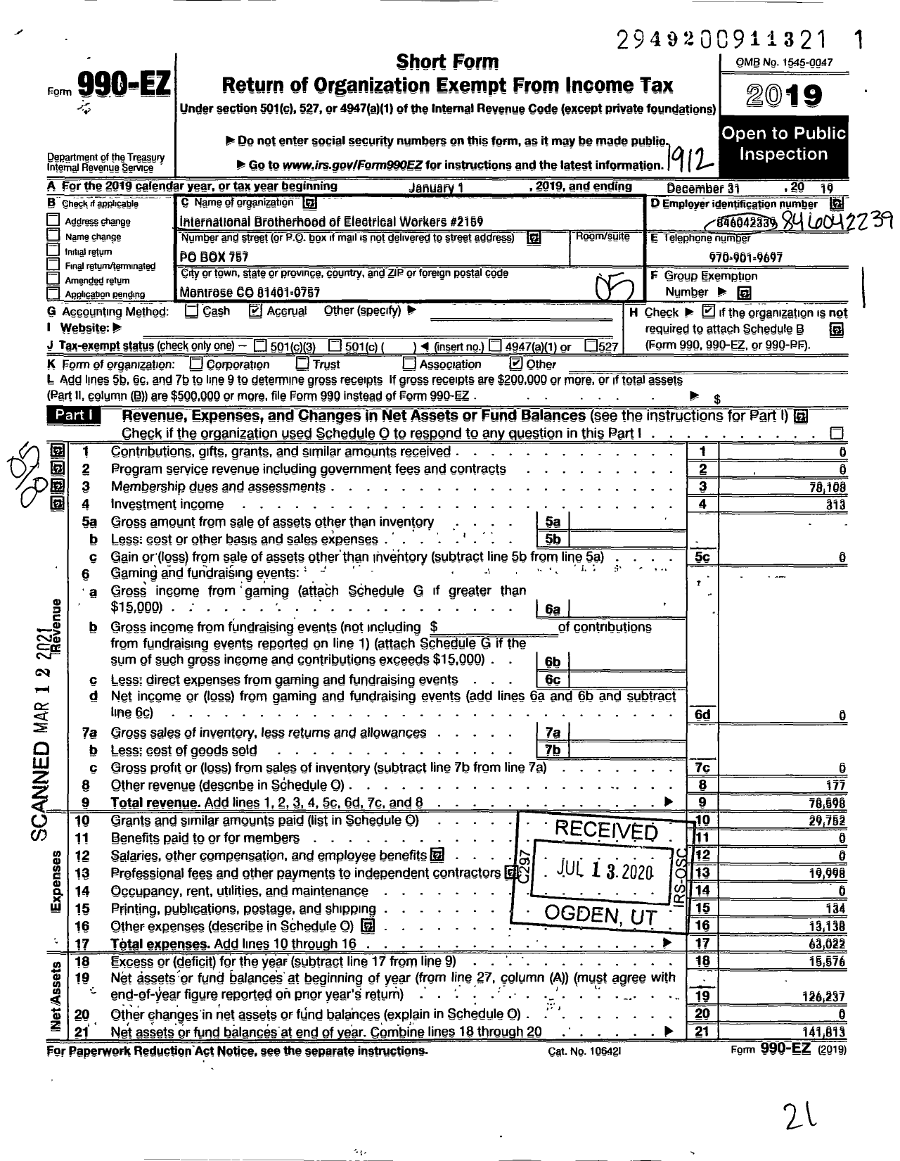 Image of first page of 2019 Form 990EO for International Brotherhood of Electrical Workers - 2159 Local Union