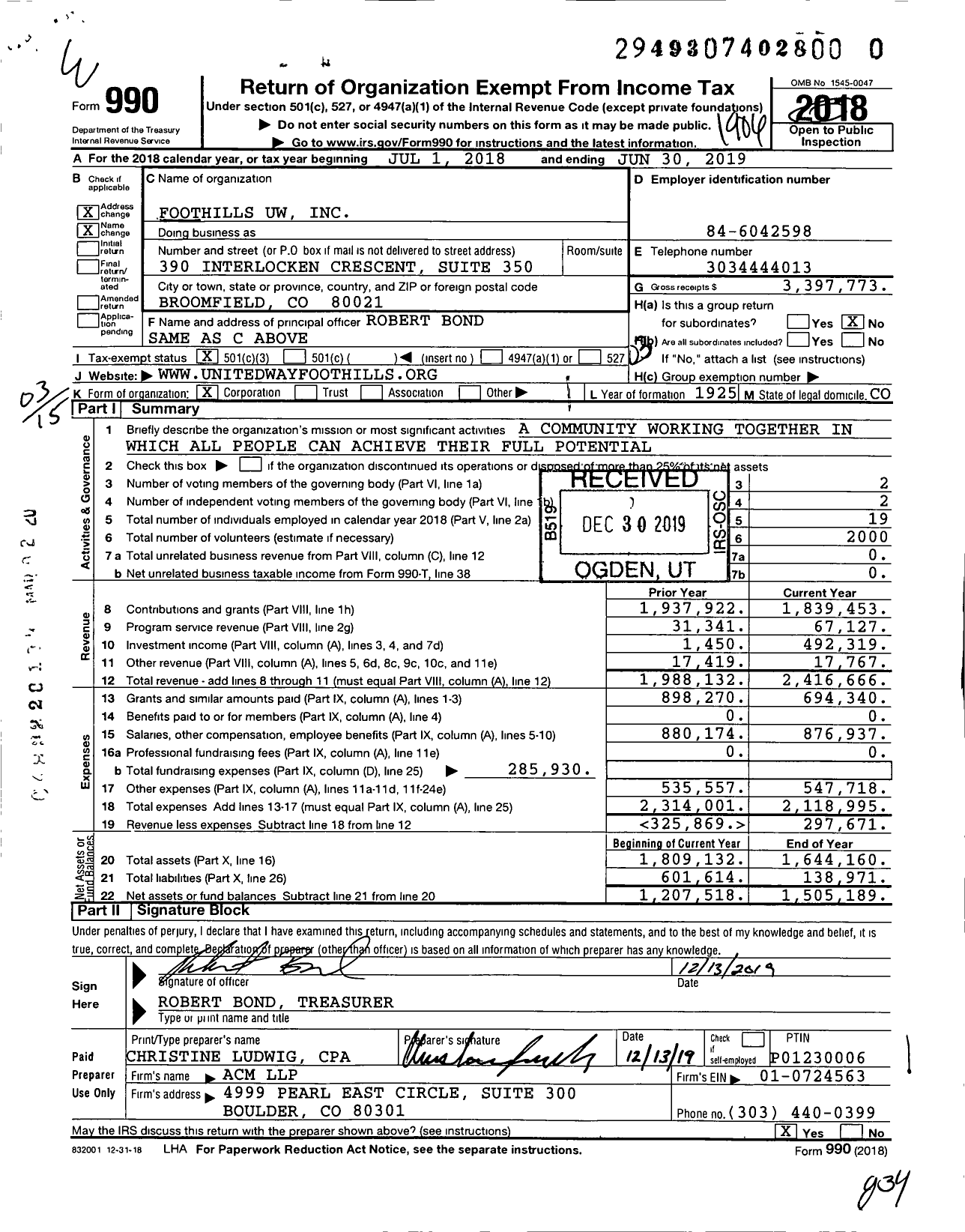 Image of first page of 2018 Form 990 for Foothills United Way