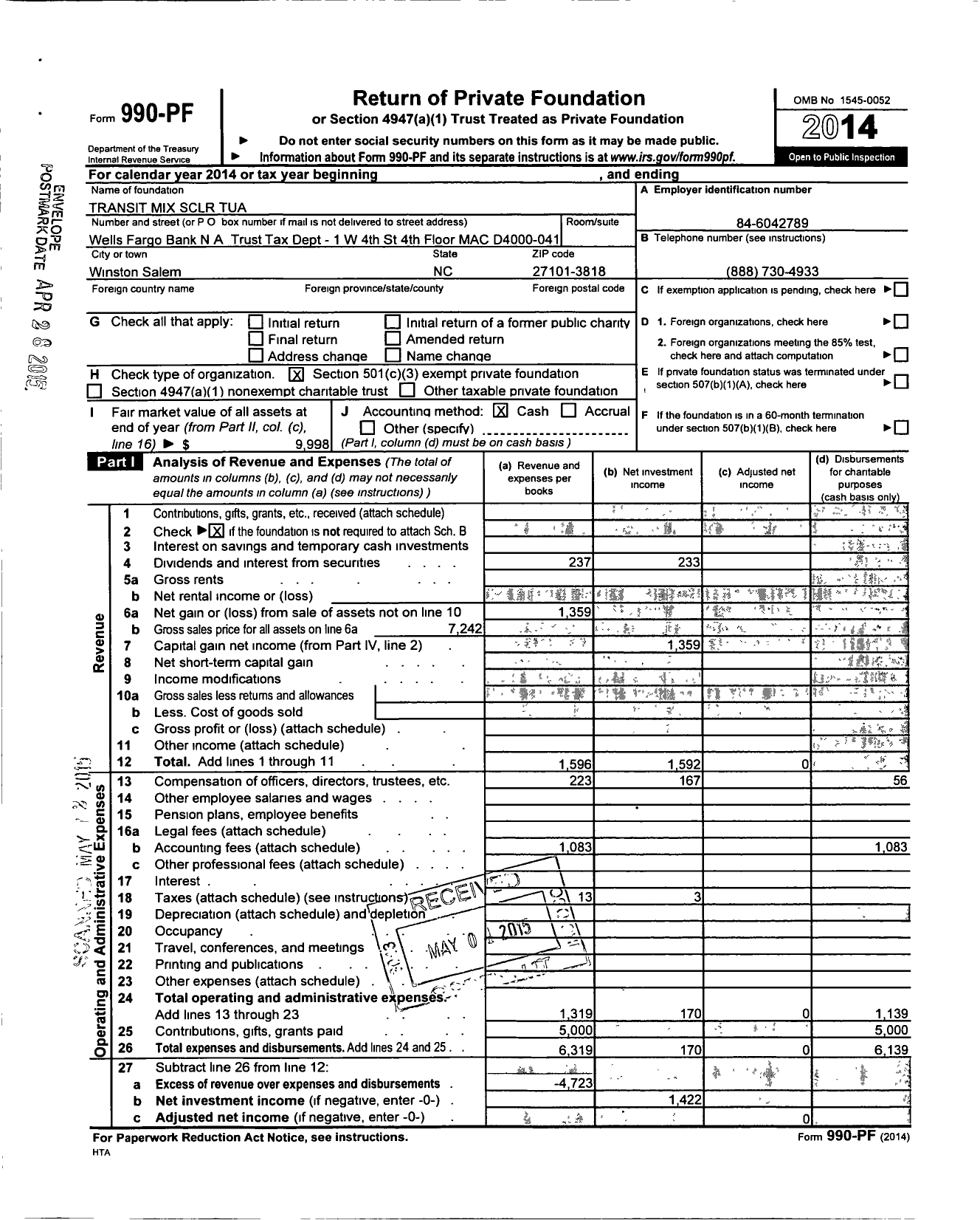 Image of first page of 2014 Form 990PF for TRANSIT MIX SClr TUA