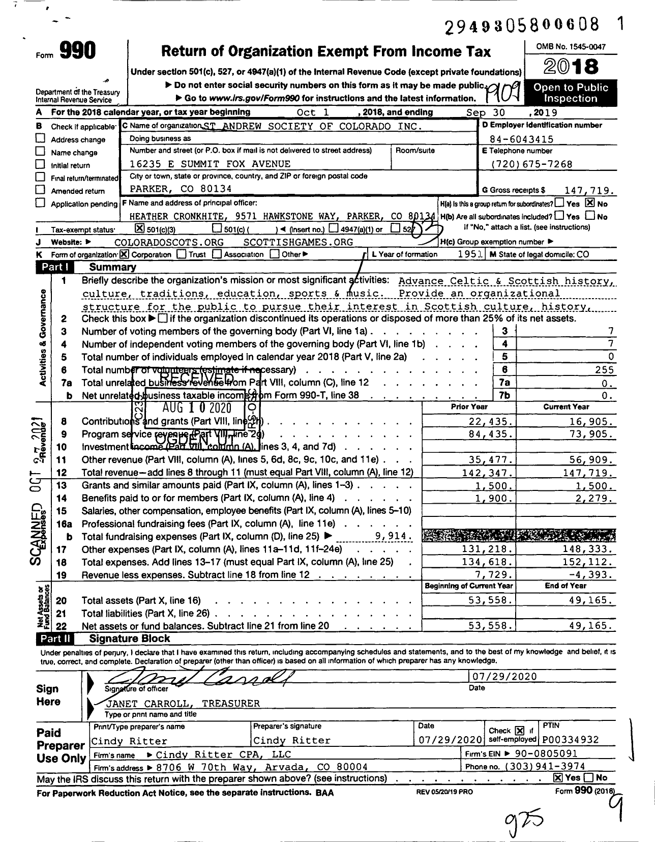 Image of first page of 2018 Form 990 for St Andrew Society of Colorado