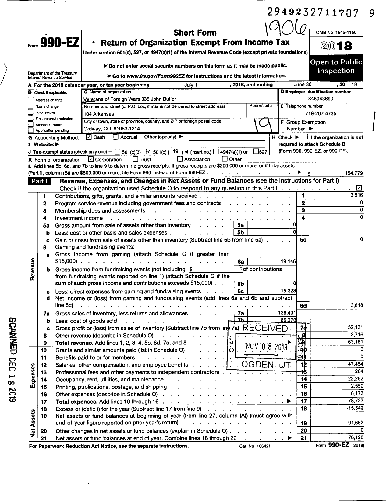 Image of first page of 2018 Form 990EO for Veterans of Foreign Wars of the United States Dept of Colorado - 336 John Butler Post