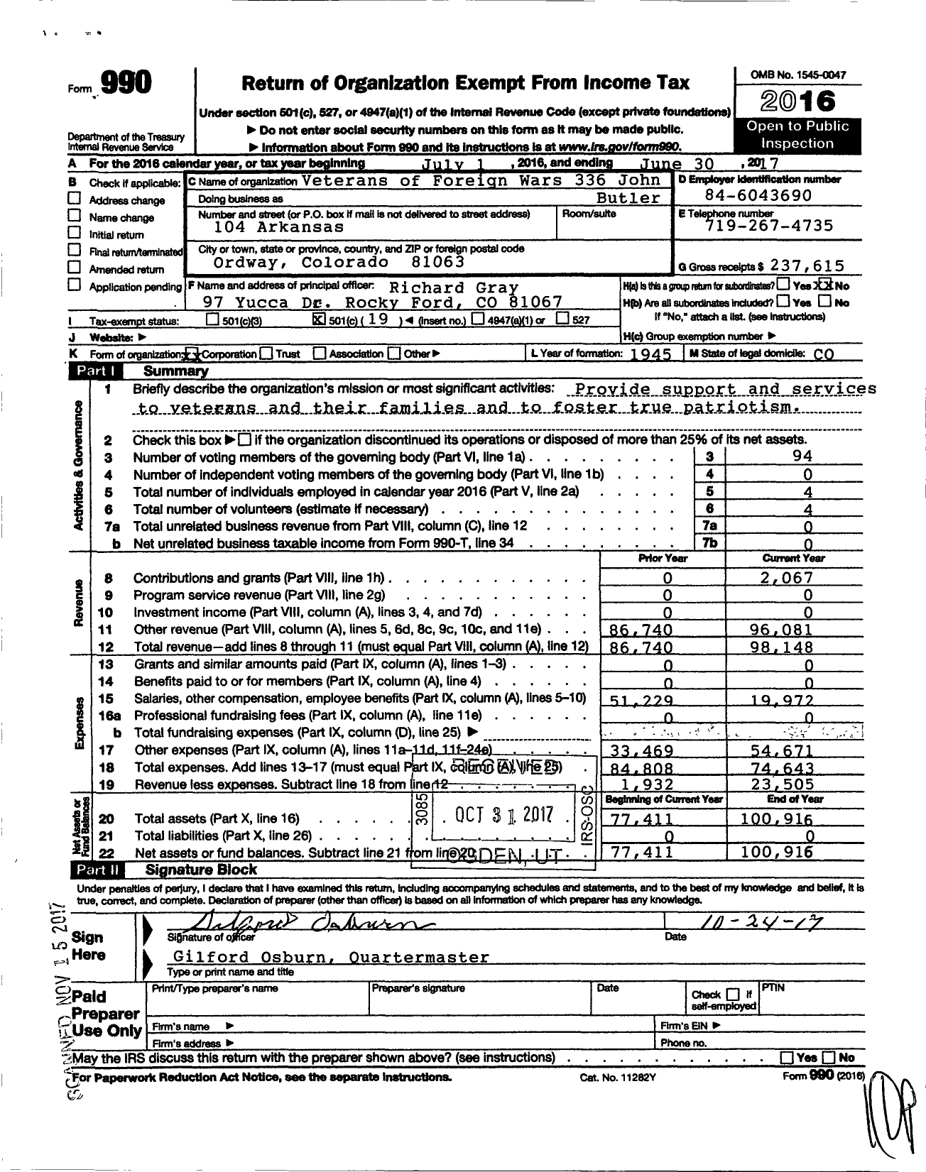 Image of first page of 2016 Form 990O for Veterans of Foreign Wars of the United States Dept of Colorado - 336 John Butler Post