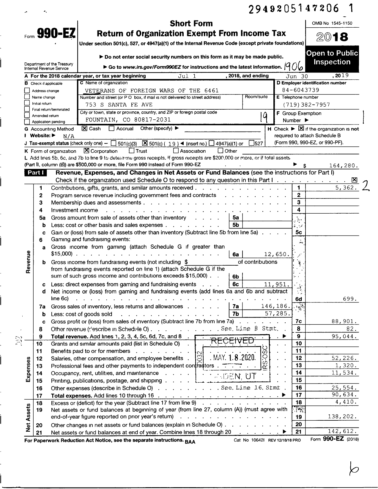 Image of first page of 2018 Form 990EO for Veterans of Foreign Wars of the United States Dept of Colorado - 6461 Fountaine Qui Bouille