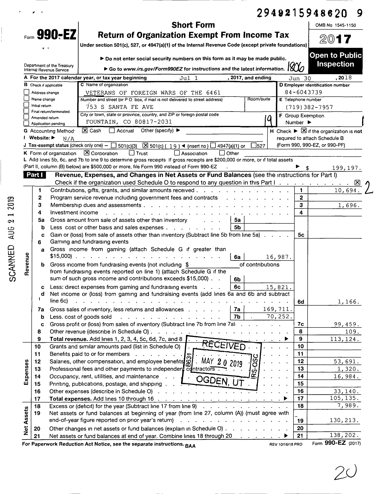 Image of first page of 2017 Form 990EO for Veterans of Foreign Wars of the United States Dept of Colorado - 6461 Fountaine Qui Bouille