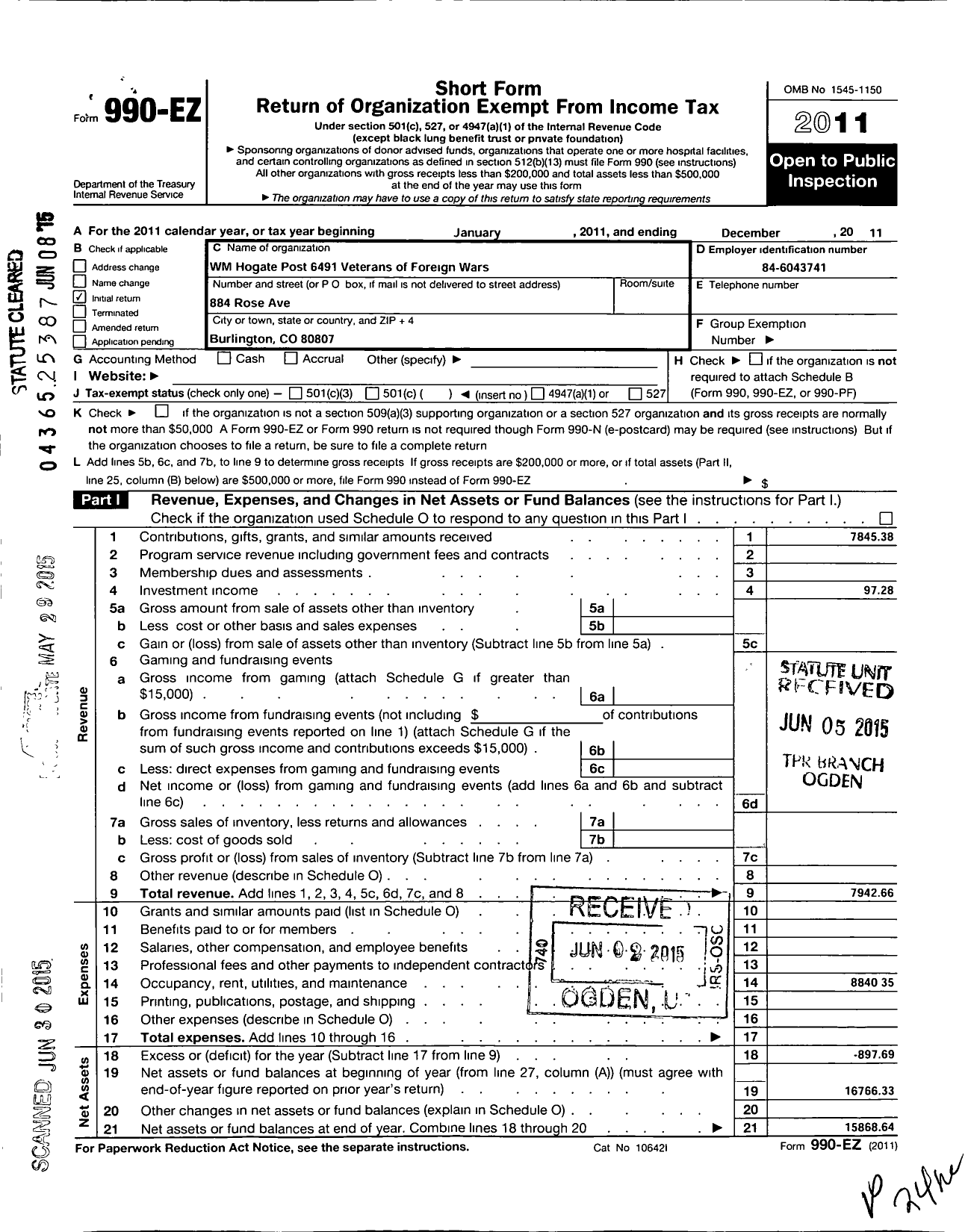 Image of first page of 2011 Form 990EO for Veterans of Foreign Wars of the United States Dept of Colorado