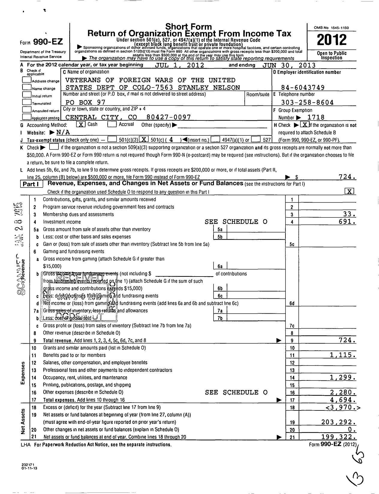 Image of first page of 2012 Form 990EO for Veterans of Foreign Wars of the United States Dept of Colorado - 7563 Stanley Nelson